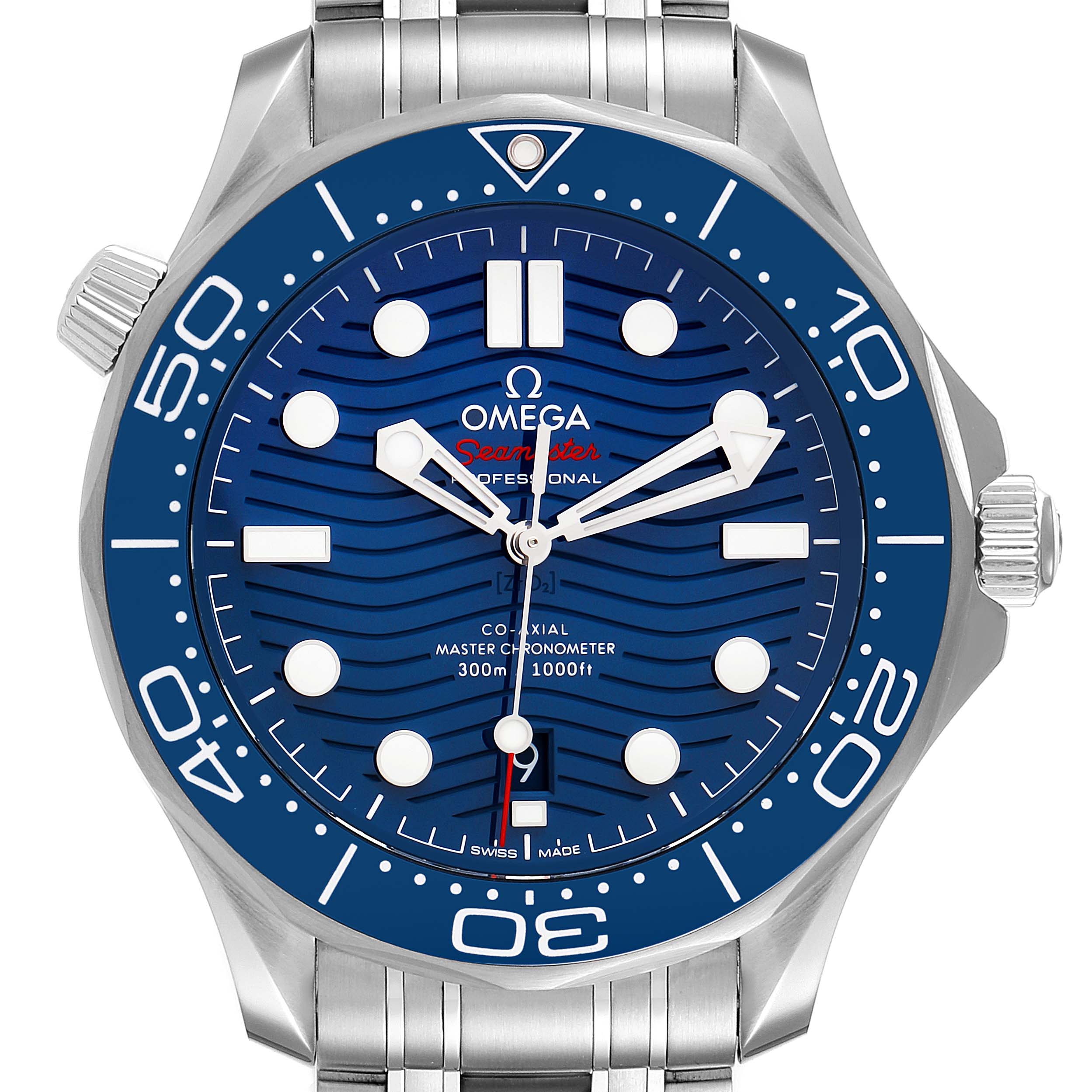 This image shows a front view of an Omega Seamaster 210.30.42.20.03.001 Men's Stainless Steel Blue Dial 210.30.42.20.03.001 Men's Stainless Steel Blue Dial watch, highlighting its blue dial, bezel, and stainless steel bracelet.