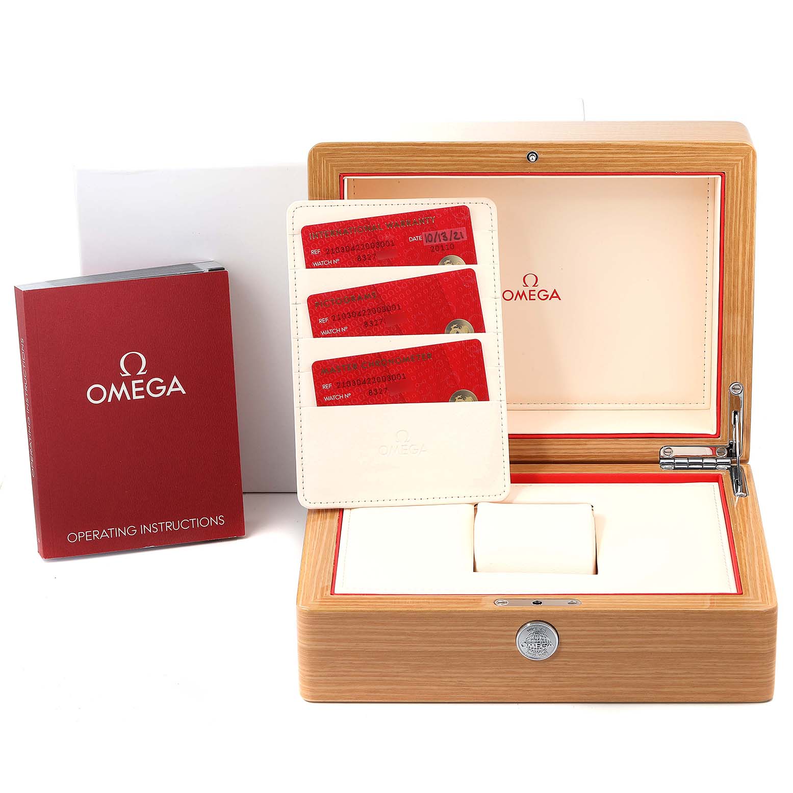 The image shows an Omega Seamaster 210.30.42.20.03.001 Men's Stainless Steel Blue Dial 210.30.42.20.03.001 Men's Stainless Steel Blue Dial watch box, warranty cards, and operating instructions from a front angle.