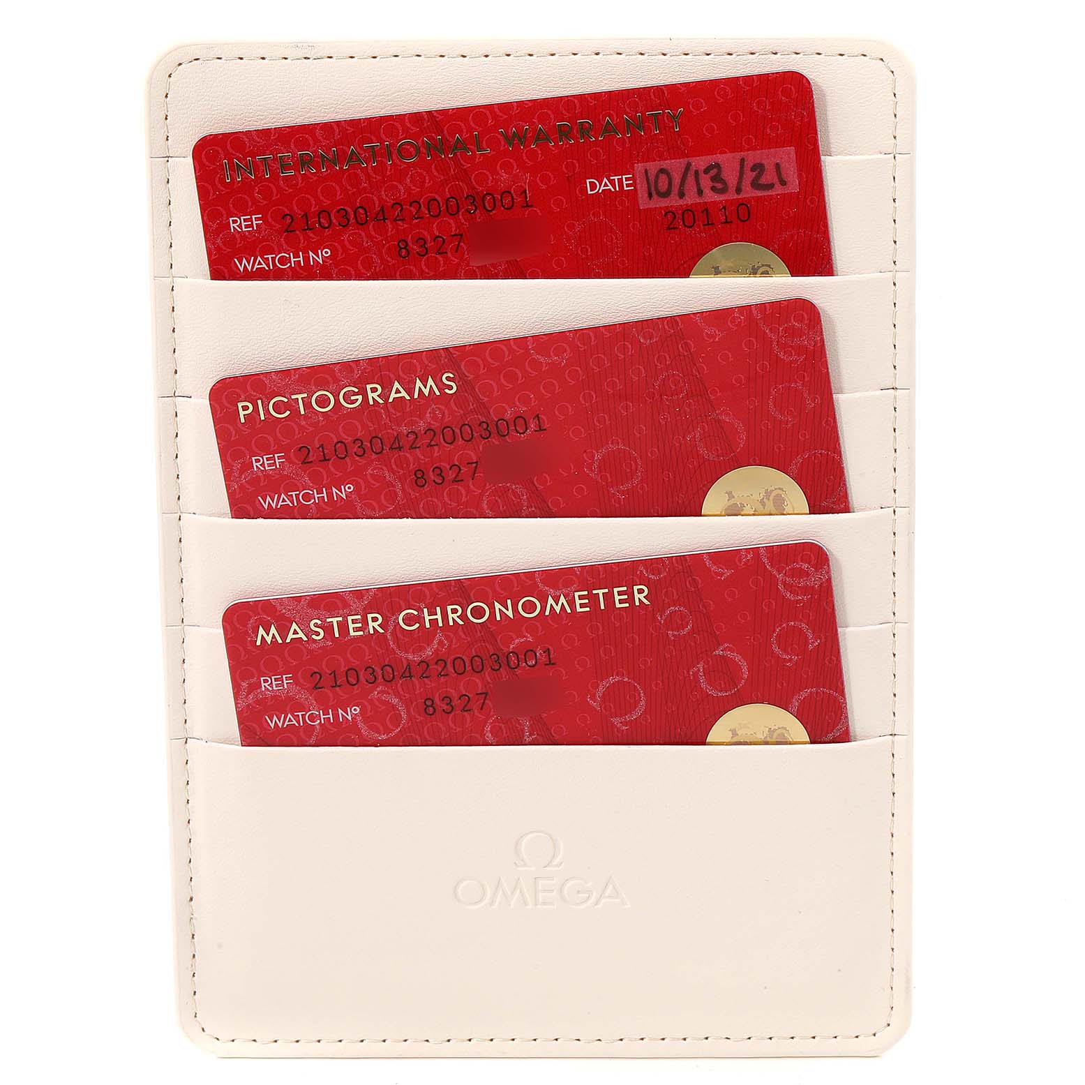 The image shows three Omega Seamaster 210.30.42.20.03.001 Men's Stainless Steel Blue Dial 210.30.42.20.03.001 Men's Stainless Steel Blue Dial cards for warranty, pictograms, and master chronometer in a white cardholder.