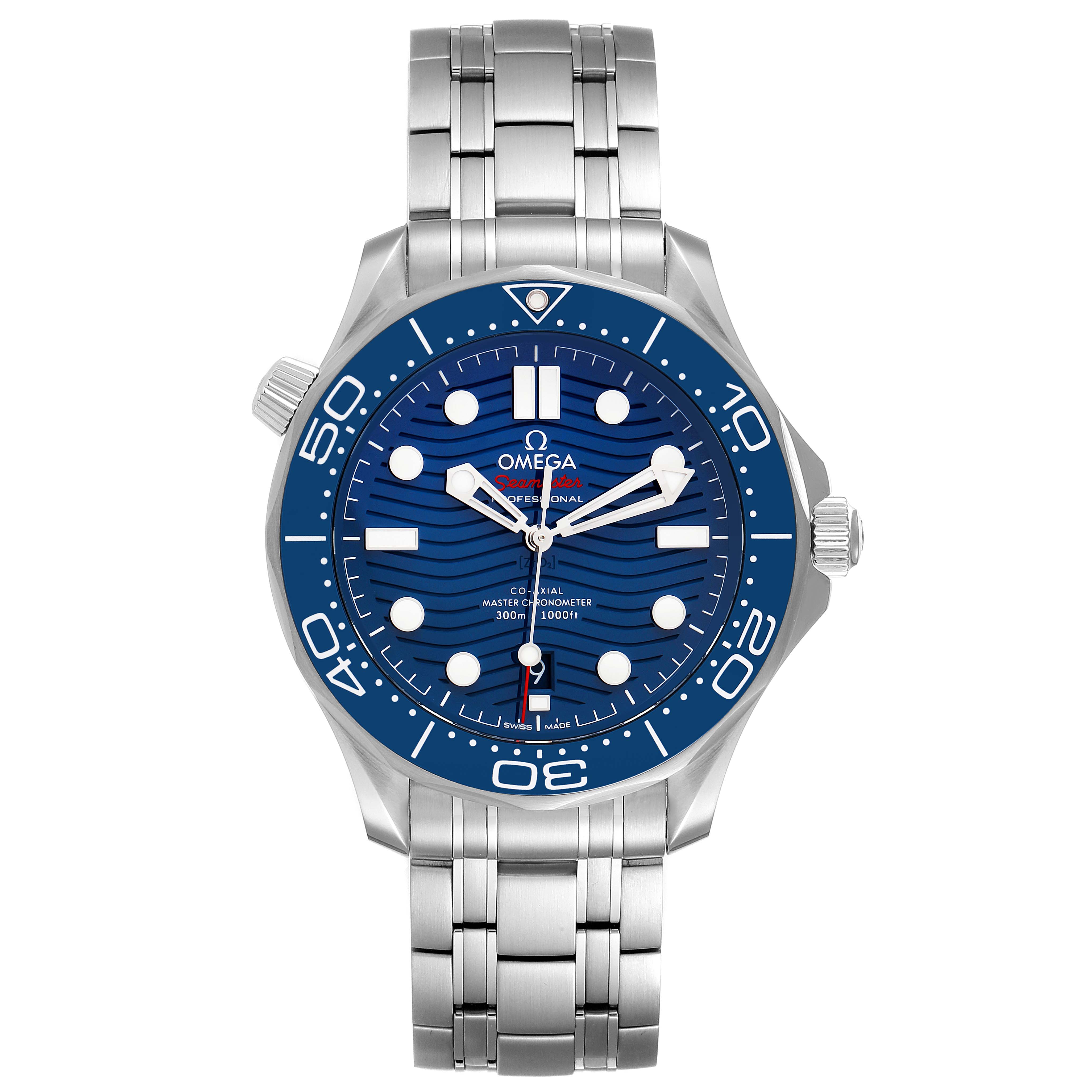 The image shows a front view of an Omega Seamaster 210.30.42.20.03.001 Men's Stainless Steel Blue Dial 210.30.42.20.03.001 Men's Stainless Steel Blue Dial watch, highlighting its dial, bezel, and stainless steel bracelet.
