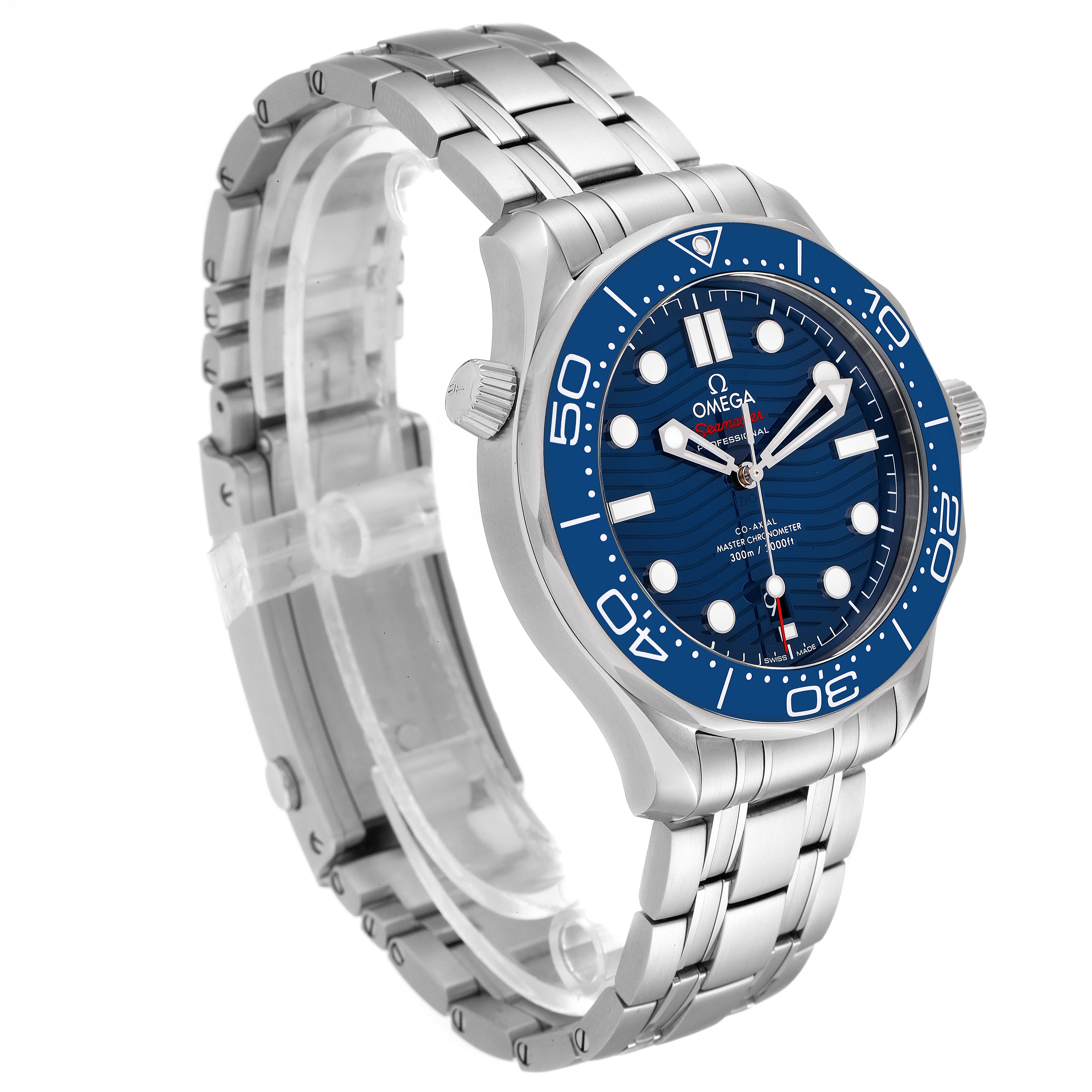 The Omega Seamaster 210.30.42.20.03.001 Men's Stainless Steel Blue Dial 210.30.42.20.03.001 Men's Stainless Steel Blue Dial watch is shown at a front-left angle, displaying the face, bezel, crown, and bracelet.
