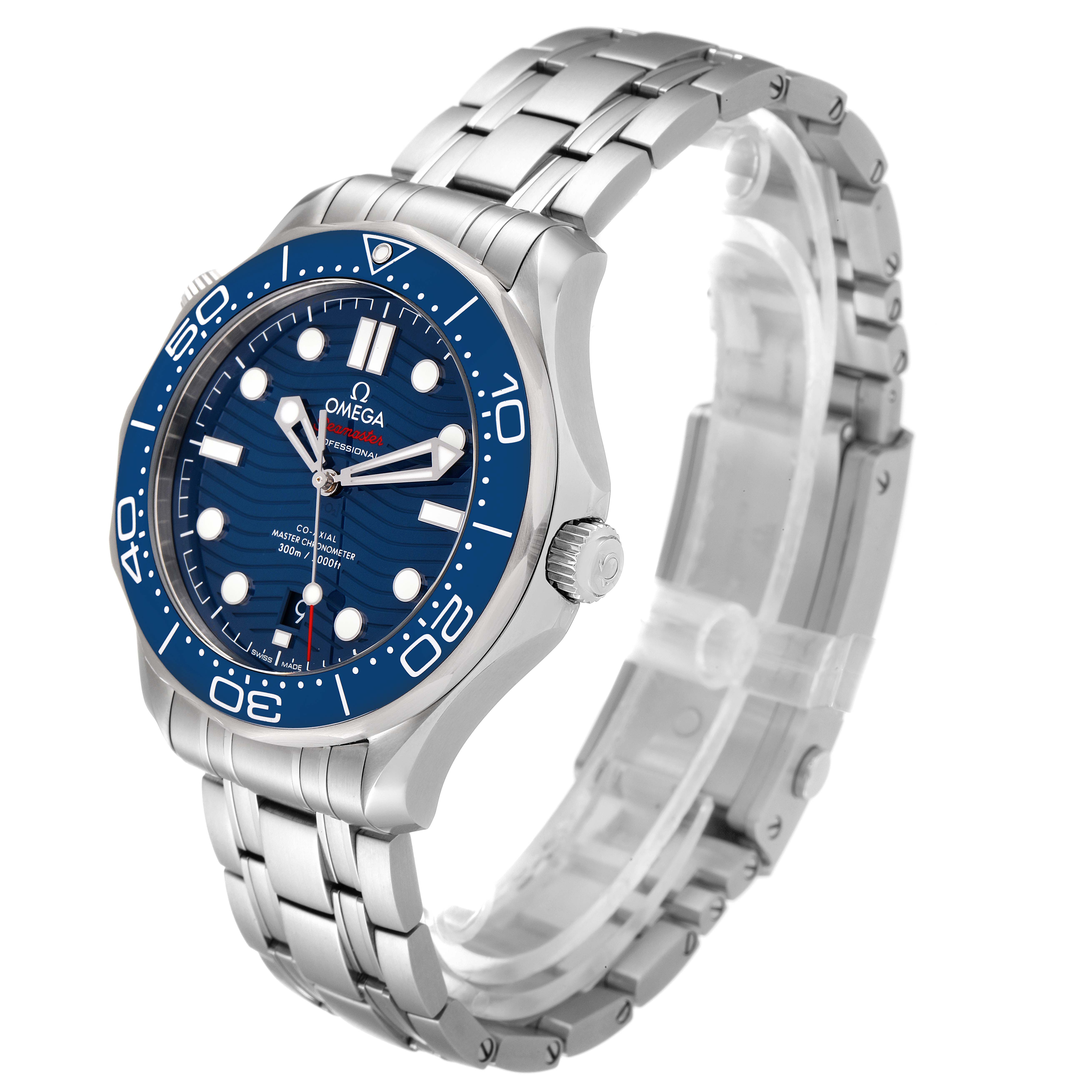 The image shows an Omega Seamaster 210.30.42.20.03.001 Men's Stainless Steel Blue Dial 210.30.42.20.03.001 Men's Stainless Steel Blue Dial watch at an oblique angle, highlighting the blue dial, bezel, and stainless steel bracelet.