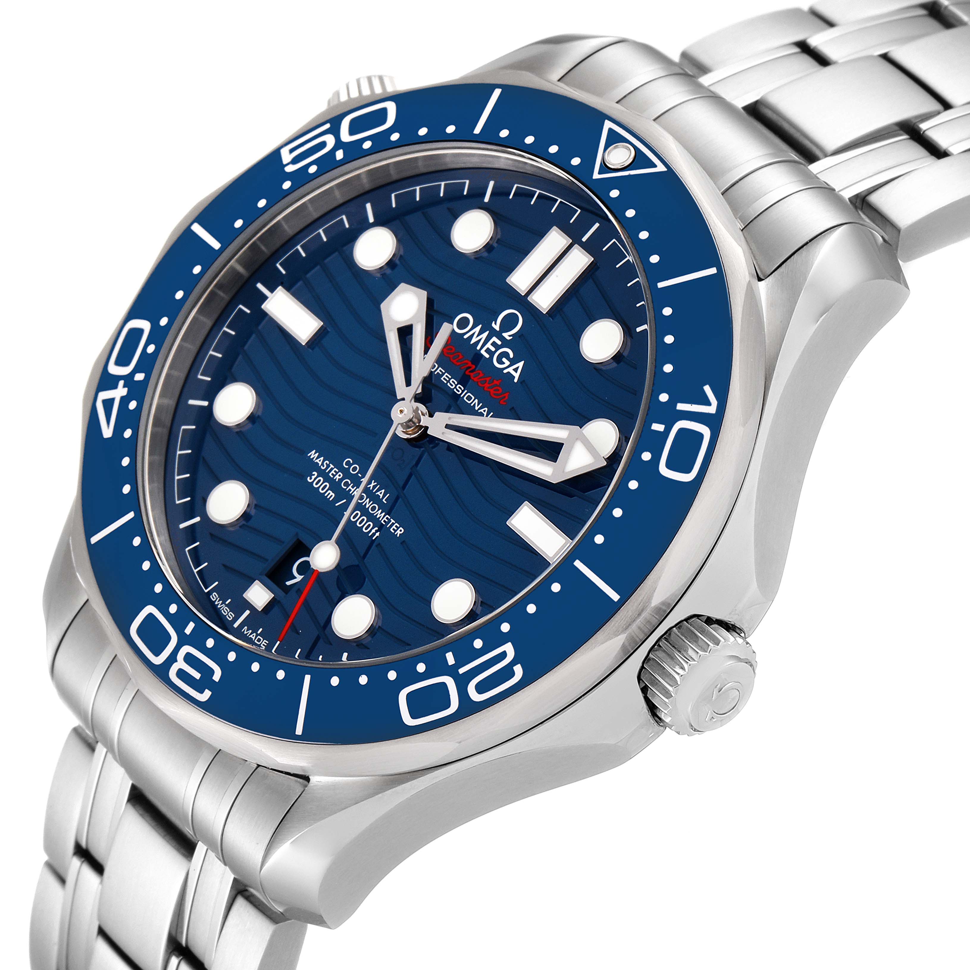The image shows the Omega Seamaster 210.30.42.20.03.001 Men's Stainless Steel Blue Dial 210.30.42.20.03.001 Men's Stainless Steel Blue Dial watch at a slight angle, highlighting the bezel, dial, case, and part of the bracelet.