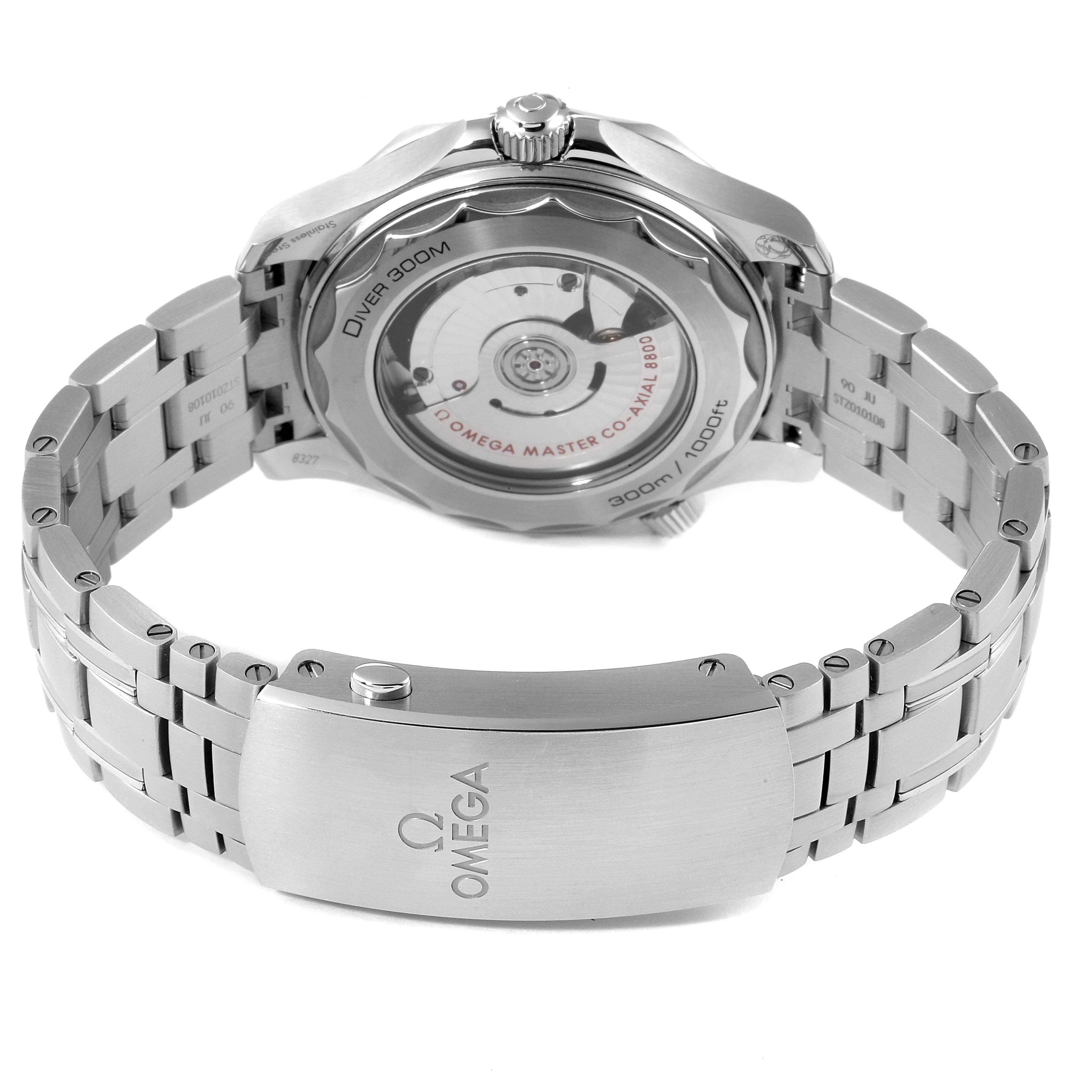 The image shows the back view of an Omega Seamaster 210.30.42.20.03.001 Men's Stainless Steel Blue Dial 210.30.42.20.03.001 Men's Stainless Steel Blue Dial watch, displaying the clasp and the exposed movement through the case back.