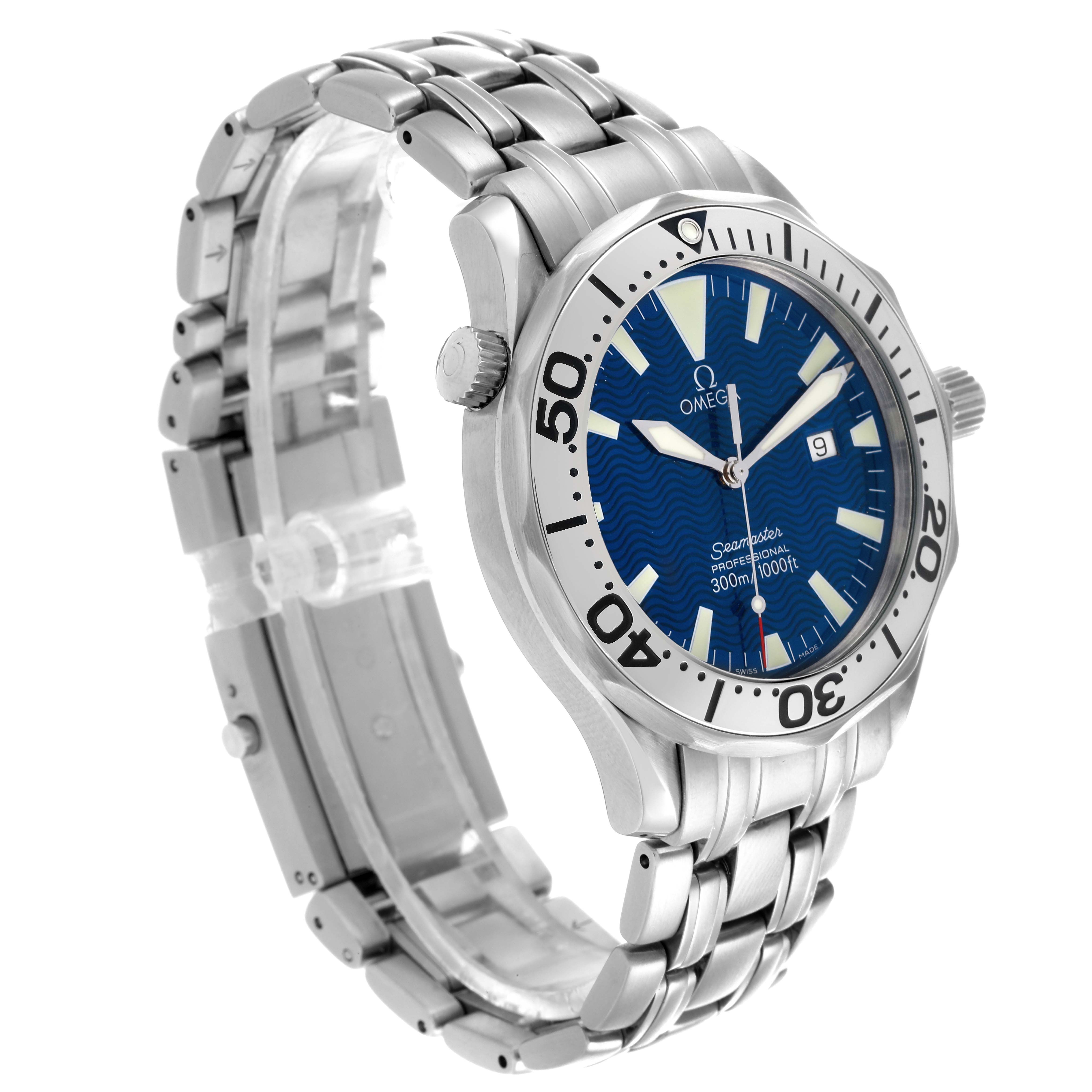 The Omega Seamaster 2265.80.00 Men
s Stainless Steel Blue Dial 2265.80.00 Men
s Stainless Steel Blue Dial watch is shown in a three-quarter angle, highlighting the face, bezel, bracelet, and crown.