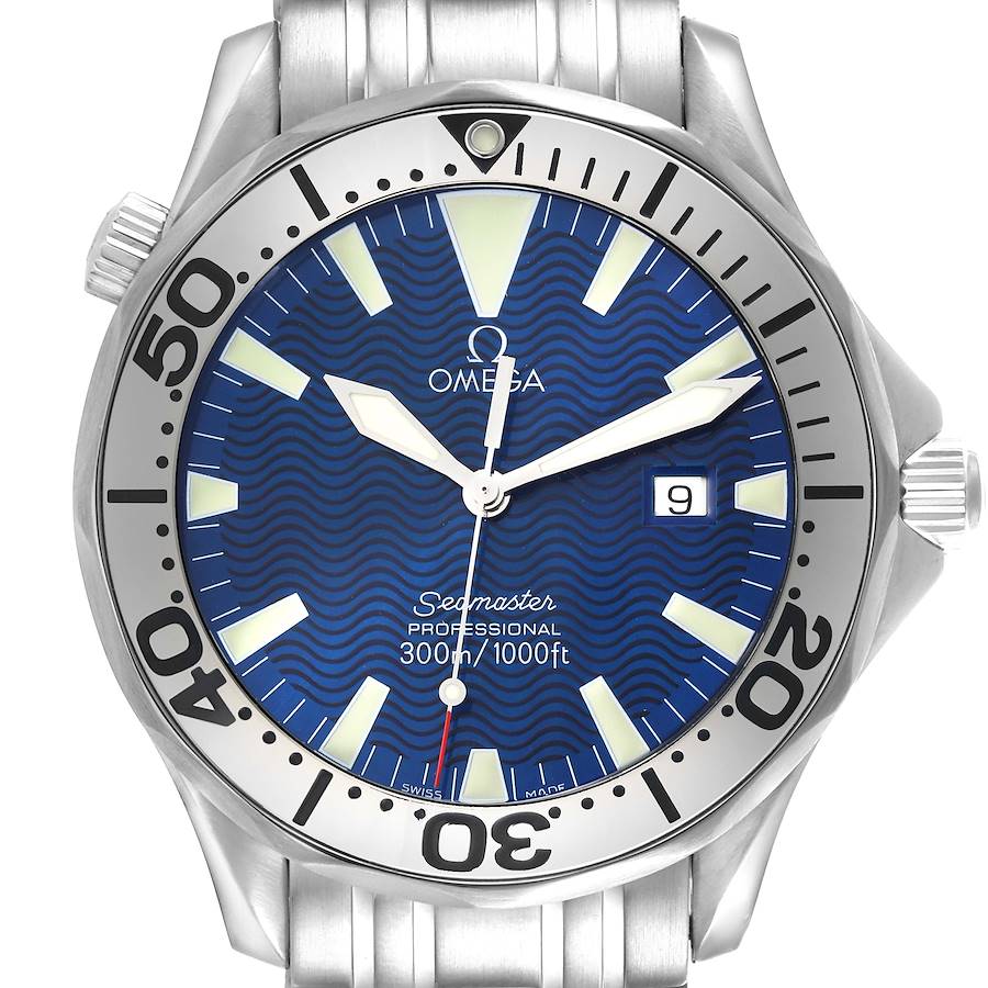 The Omega Seamaster watch is shown from a frontal angle displaying the dial, bezel, crown, and partial bracelet.