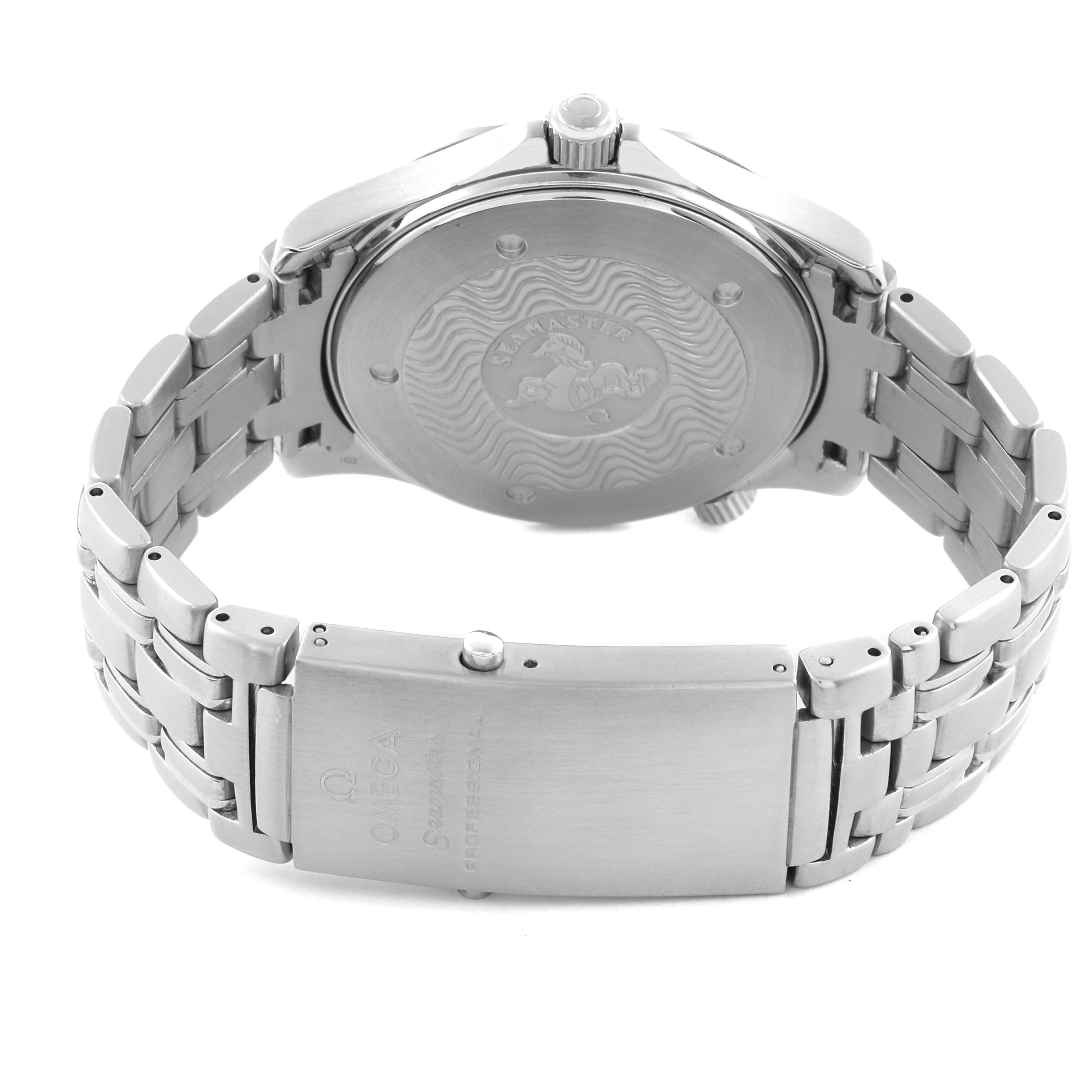 The image shows the back case and clasp of an Omega Seamaster 2265.80.00 Men
s Stainless Steel Blue Dial 2265.80.00 Men
s Stainless Steel Blue Dial watch, highlighting its metal bracelet and engraved back.