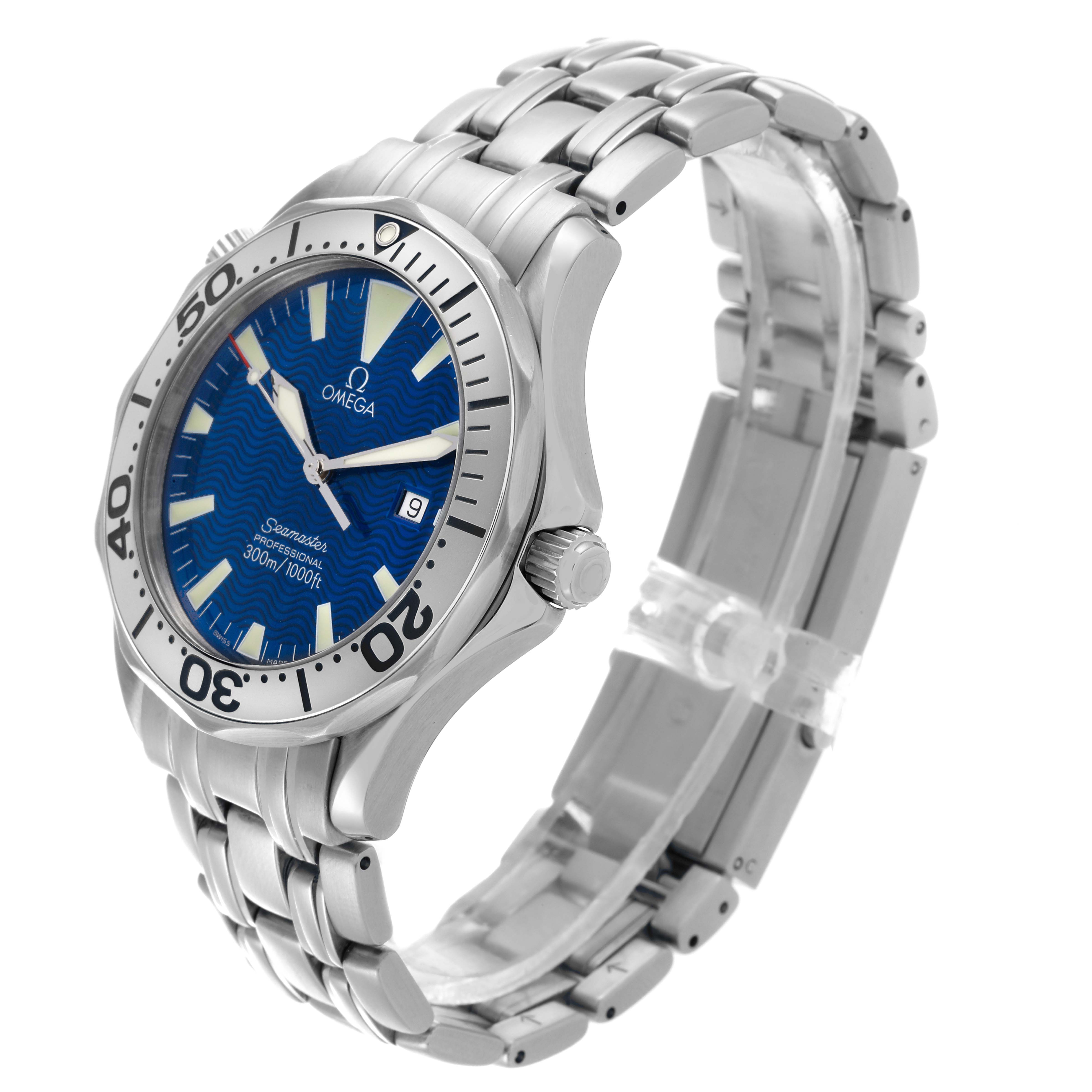 The image shows the Omega Seamaster 2265.80.00 Men
s Stainless Steel Blue Dial 2265.80.00 Men
s Stainless Steel Blue Dial watch at a three-quarter angle, highlighting the face, bezel, crown, and metal bracelet.