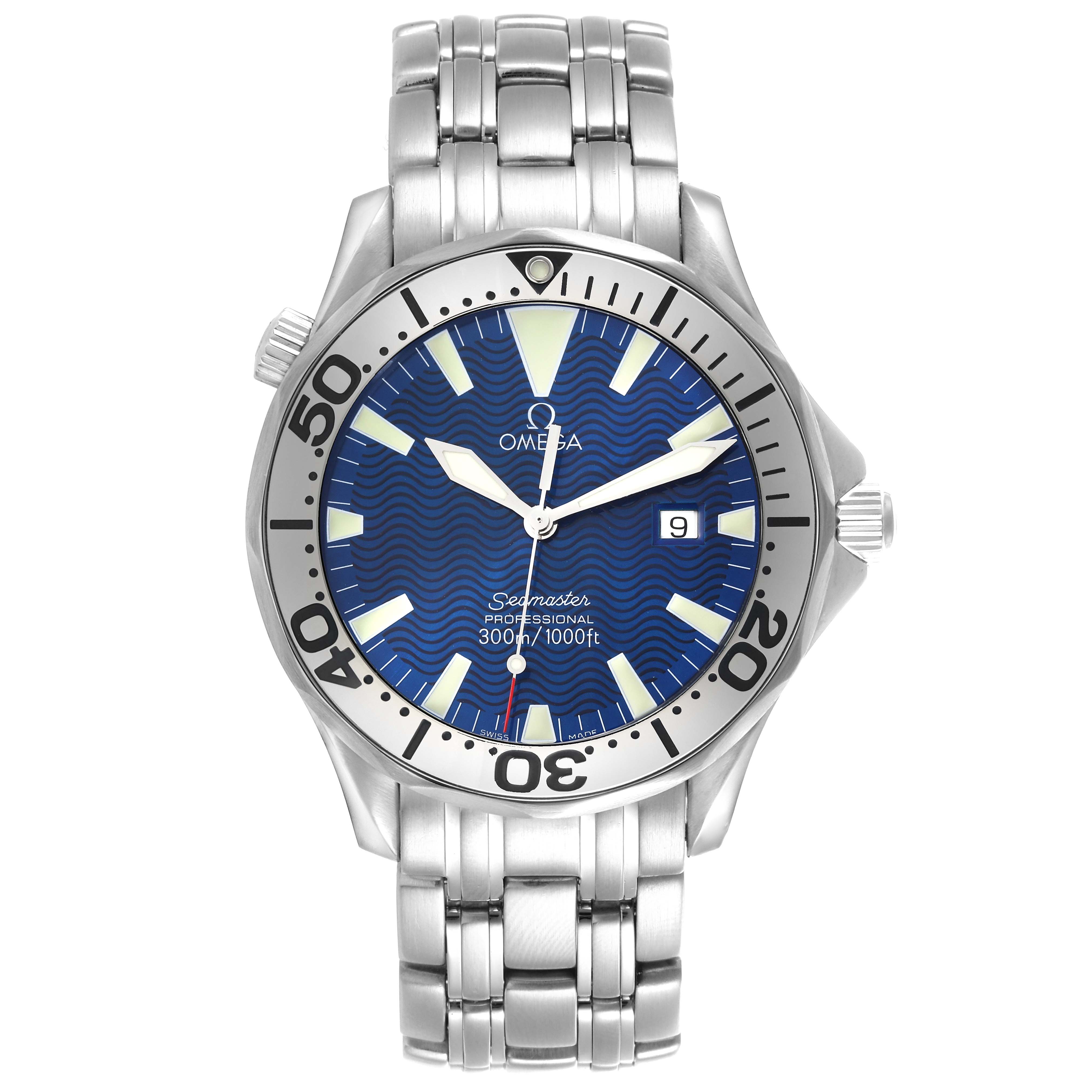 The Omega Seamaster 2265.80.00 Men
s Stainless Steel Blue Dial 2265.80.00 Men
s Stainless Steel Blue Dial watch is shown from the front, highlighting the face, bezel, and bracelet.
