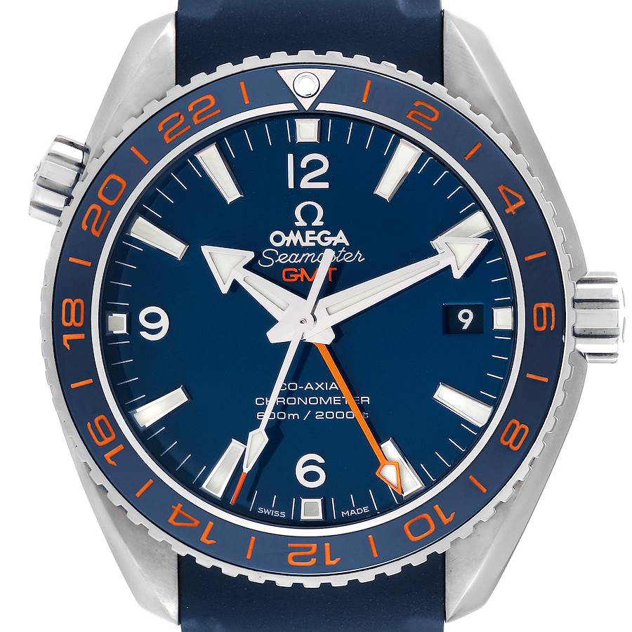 The image shows a front view of the Omega Planet Ocean watch, highlighting the dial, bezel, crown, and strap.