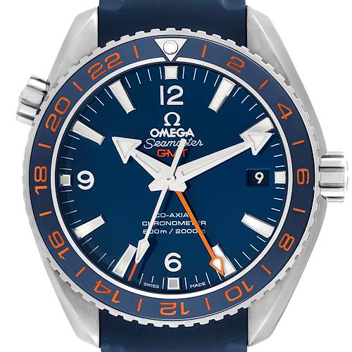 The Omega Planet Ocean watch is shown from the front, displaying its blue dial, bezel, and crown.