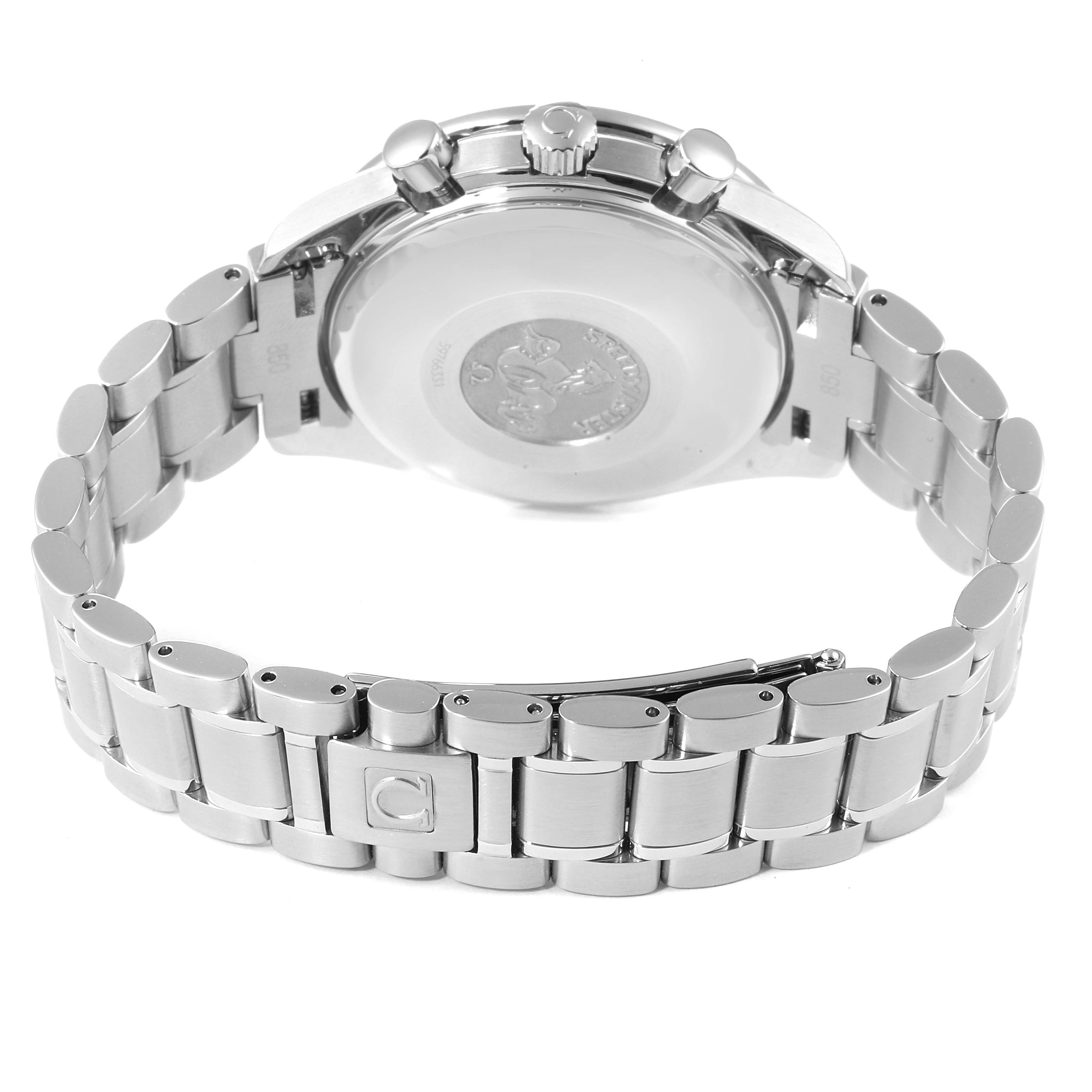 The image shows the back view of an Omega Speedmaster 3523.30.00 Men
s Stainless Steel Silver Dial 3523.30.00 Men
s Stainless Steel Silver Dial with detail on the clasp, bracelet, and case back.