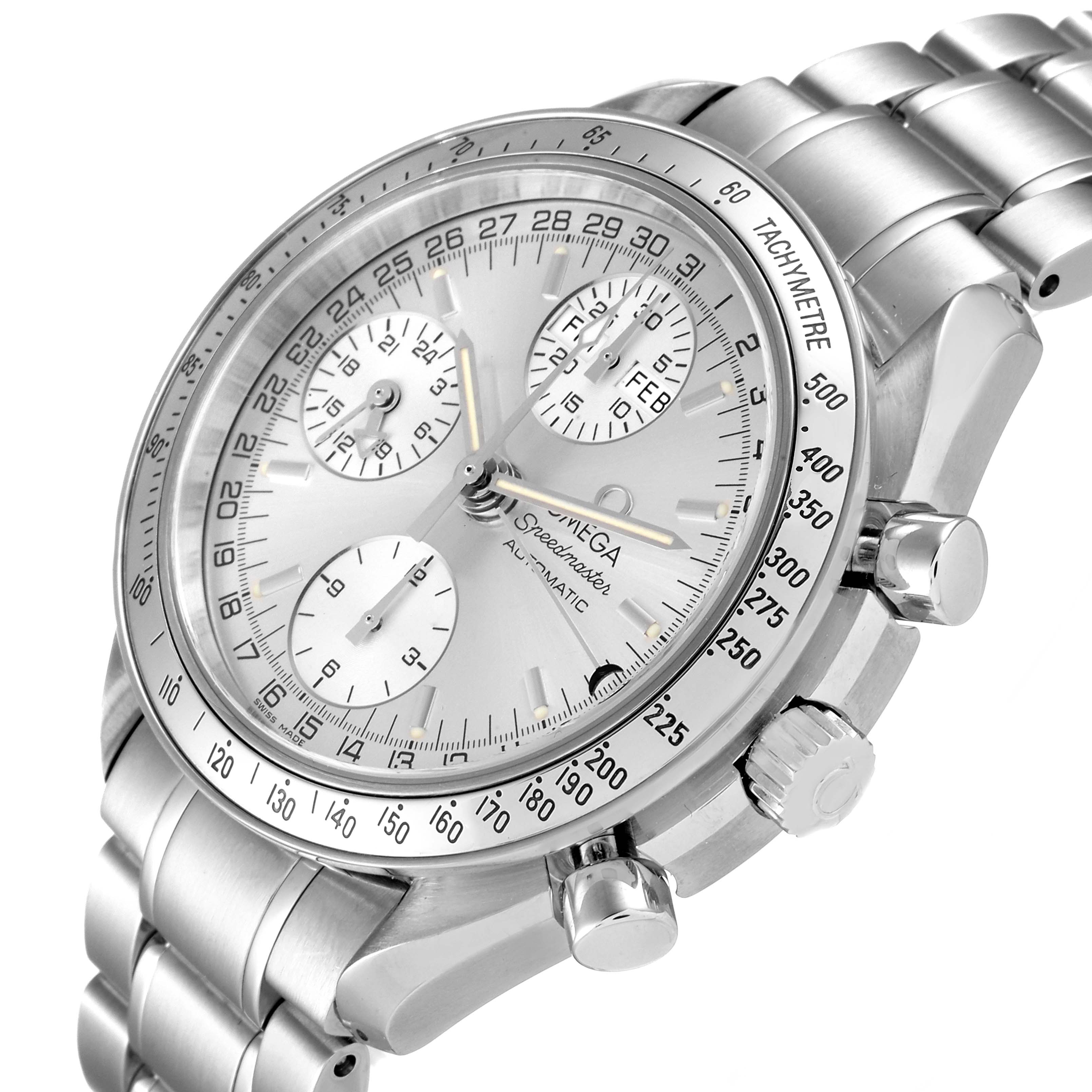 The Omega Speedmaster 3523.30.00 Men
s Stainless Steel Silver Dial 3523.30.00 Men
s Stainless Steel Silver Dial watch is shown at an angled view featuring its dial, bezel, chronograph subdials, and bracelet.
