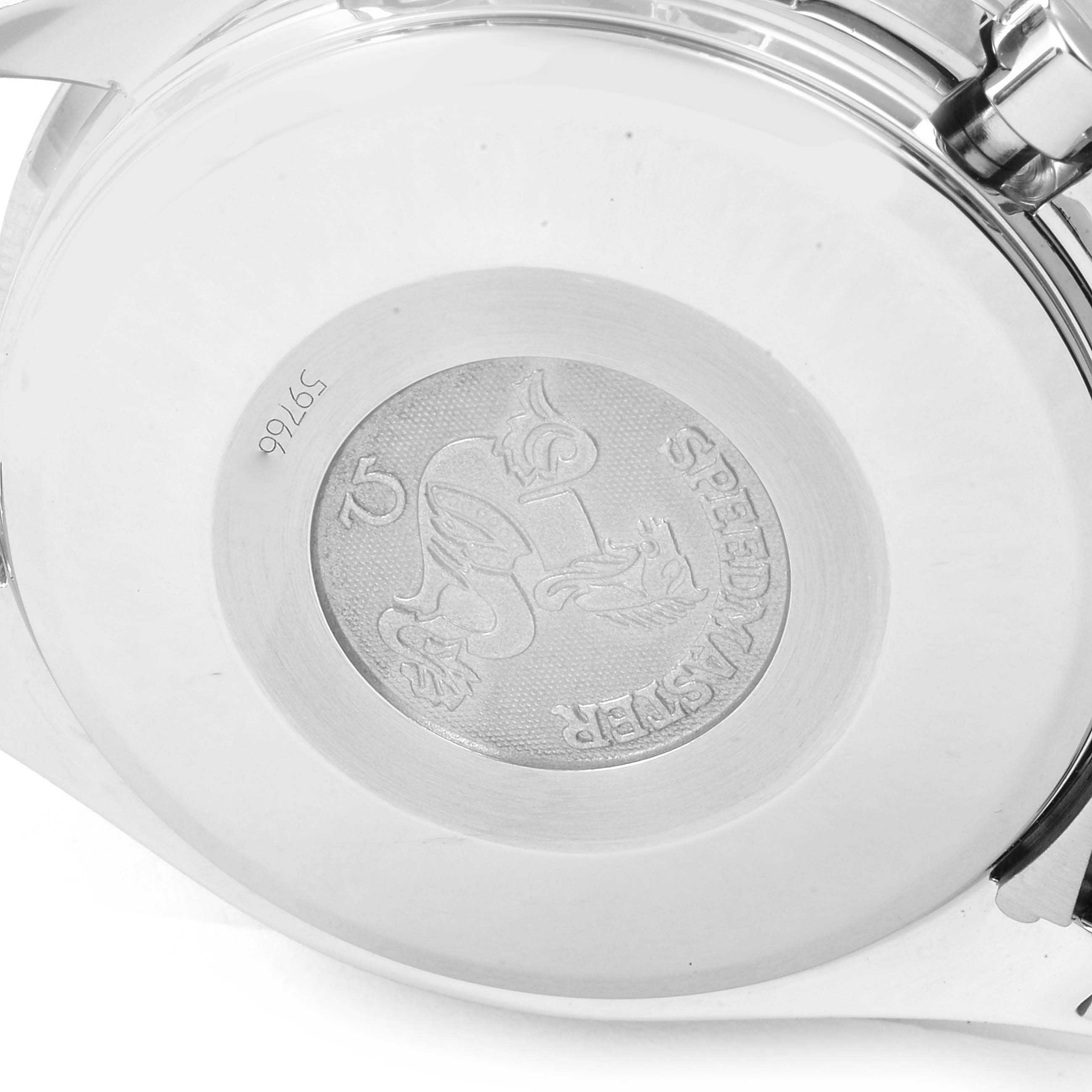 This image shows the case back of an Omega Speedmaster 3523.30.00 Men
s Stainless Steel Silver Dial 3523.30.00 Men
s Stainless Steel Silver Dial watch, highlighting the logo and engraving.