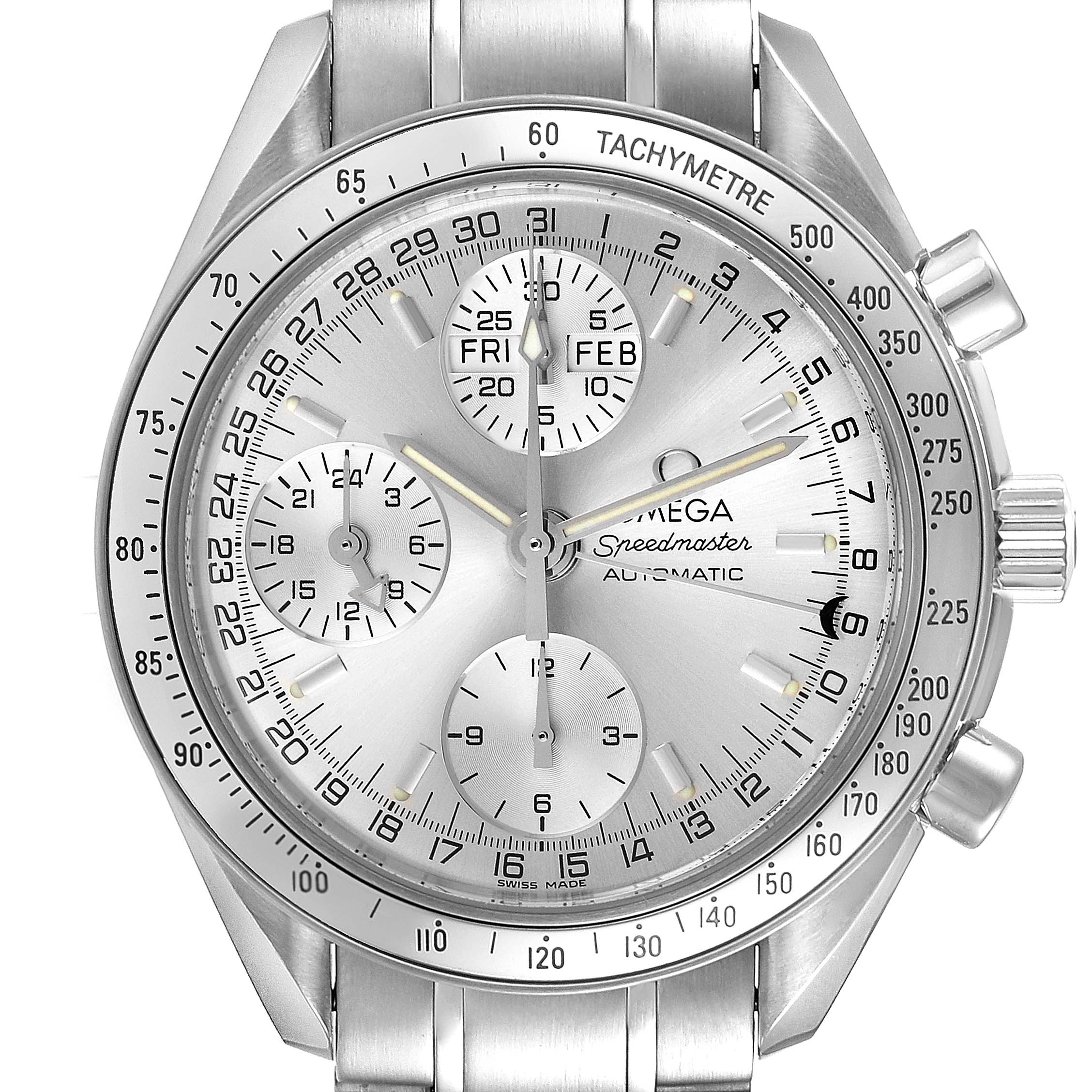 The image shows a frontal view of the Omega Speedmaster 3523.30.00 Men
s Stainless Steel Silver Dial 3523.30.00 Men
s Stainless Steel Silver Dial watch, displaying the dial, subdials, tachymeter bezel, and pushers.