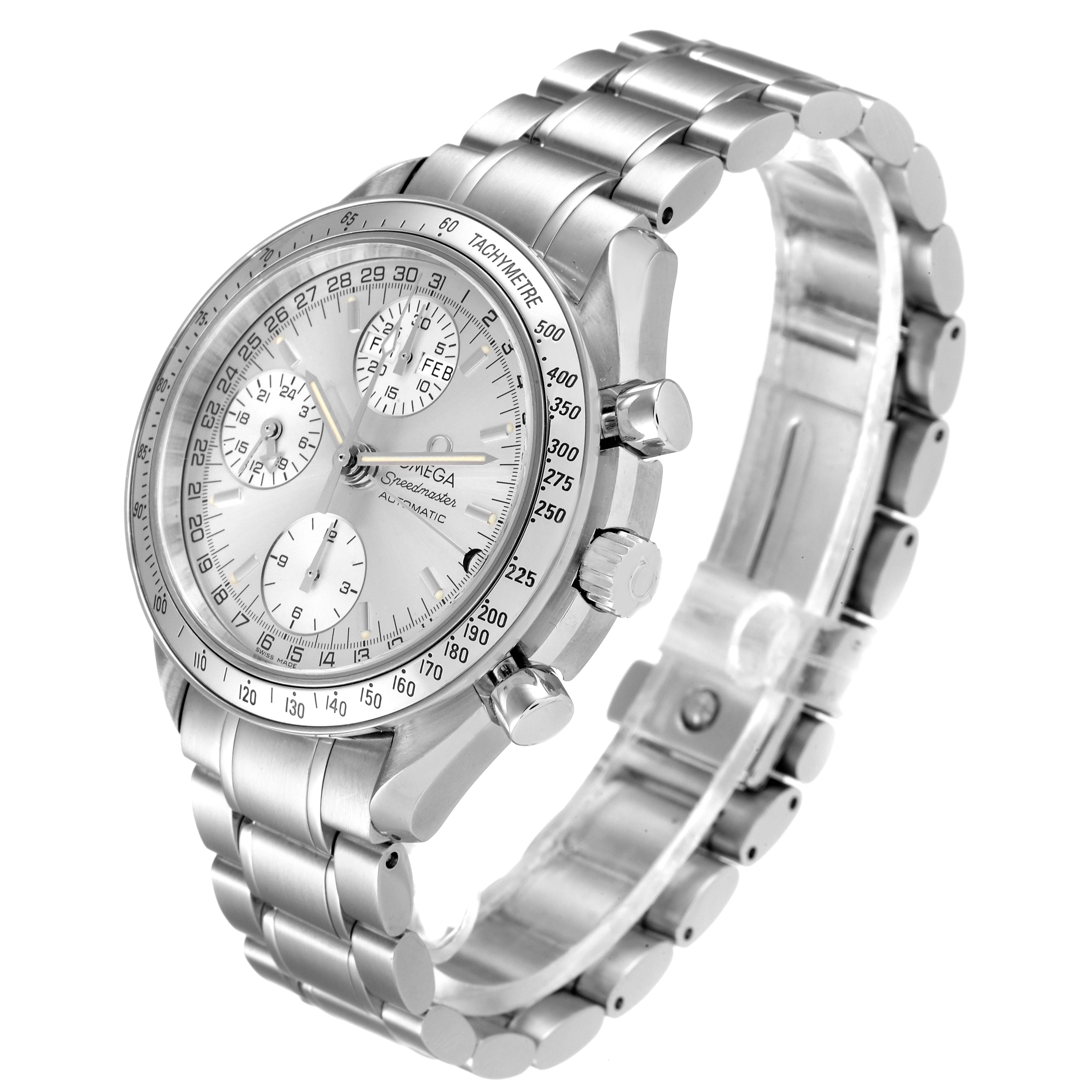 This image shows an Omega Speedmaster 3523.30.00 Men
s Stainless Steel Silver Dial 3523.30.00 Men
s Stainless Steel Silver Dial watch at a three-quarter angle, displaying the face, bracelet, and chronograph buttons.