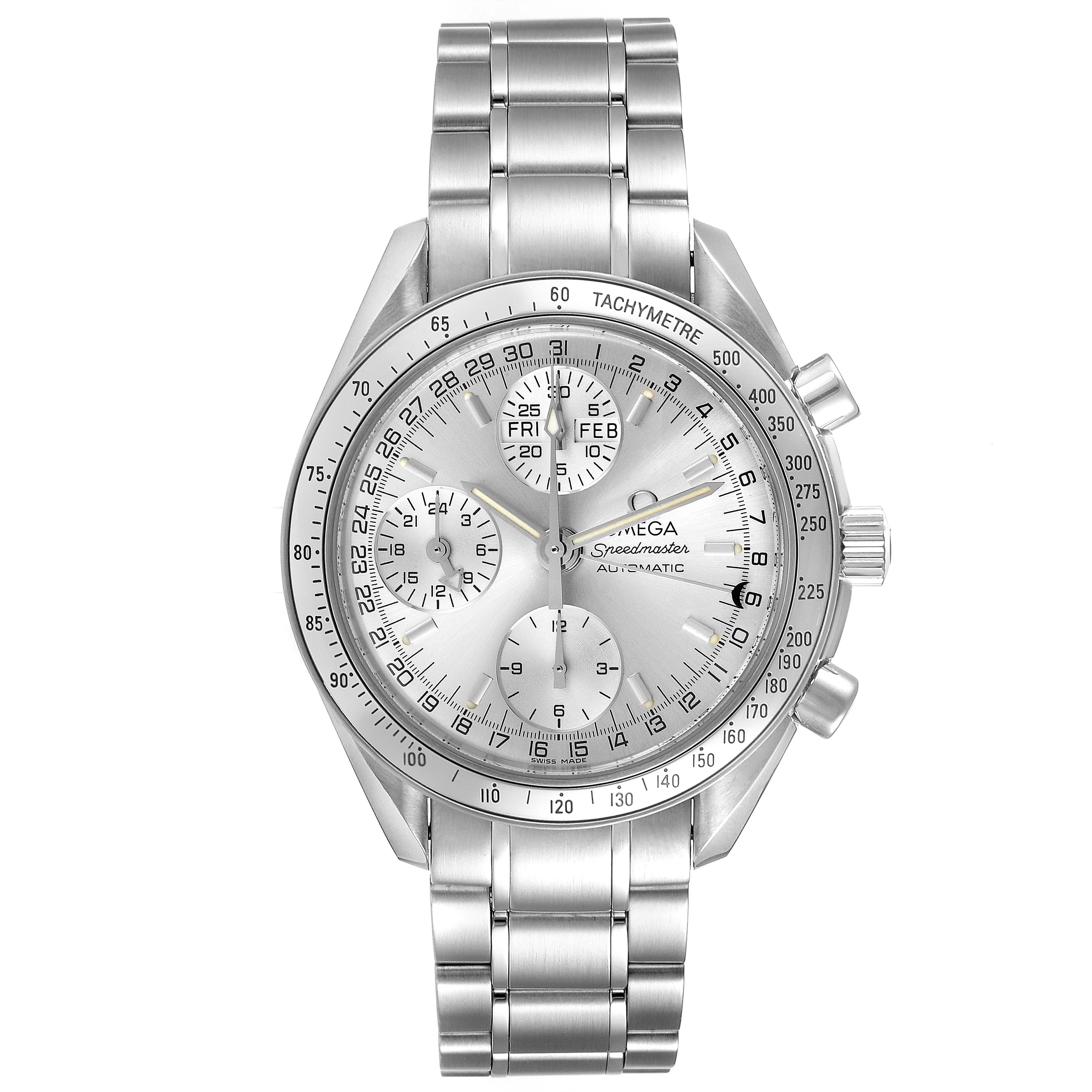 The image shows a front view of the Omega Speedmaster 3523.30.00 Men
s Stainless Steel Silver Dial 3523.30.00 Men
s Stainless Steel Silver Dial watch including its dial, bezel, and metal bracelet.