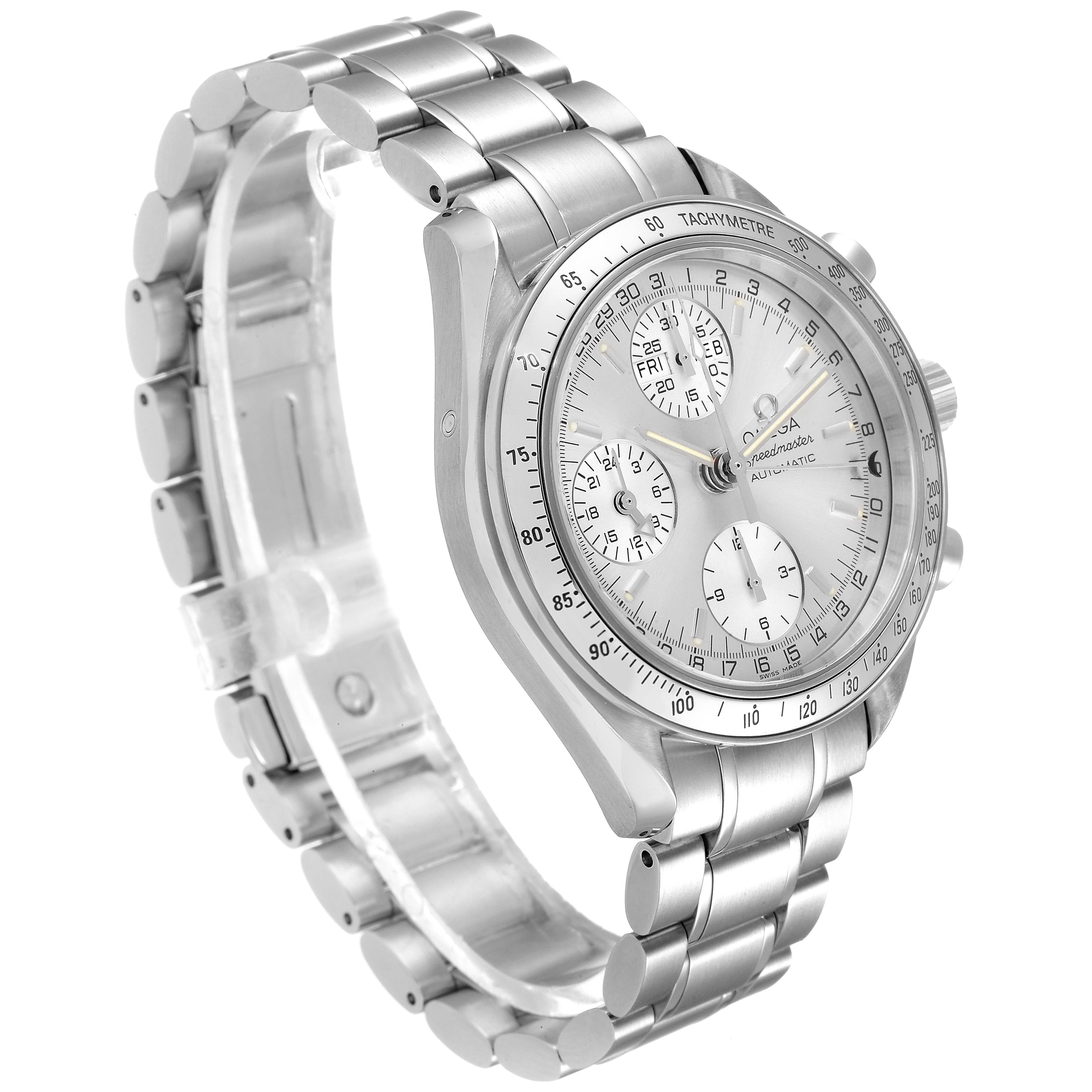 The image shows an Omega Speedmaster 3523.30.00 Men
s Stainless Steel Silver Dial 3523.30.00 Men
s Stainless Steel Silver Dial watch from an angled side view, highlighting its face, dials, and metal bracelet.