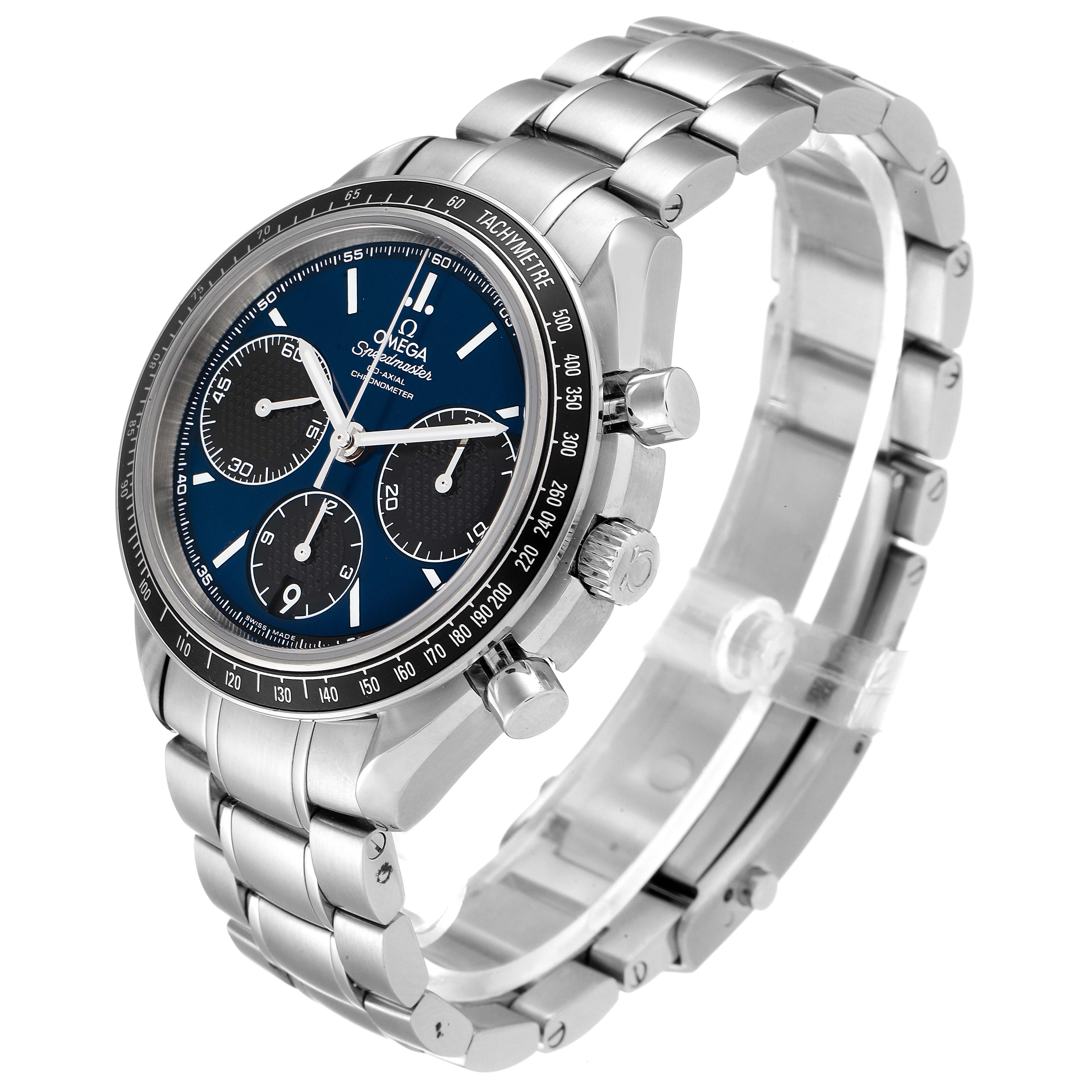 The Omega Speedmaster 326.30.40.50.03.001 Men
s Stainless Steel Blue Dial 326.30.40.50.03.001 Men
s Stainless Steel Blue Dial watch is shown at a three-quarter angle, displaying its face, crown, pushers, and stainless steel bracelet.