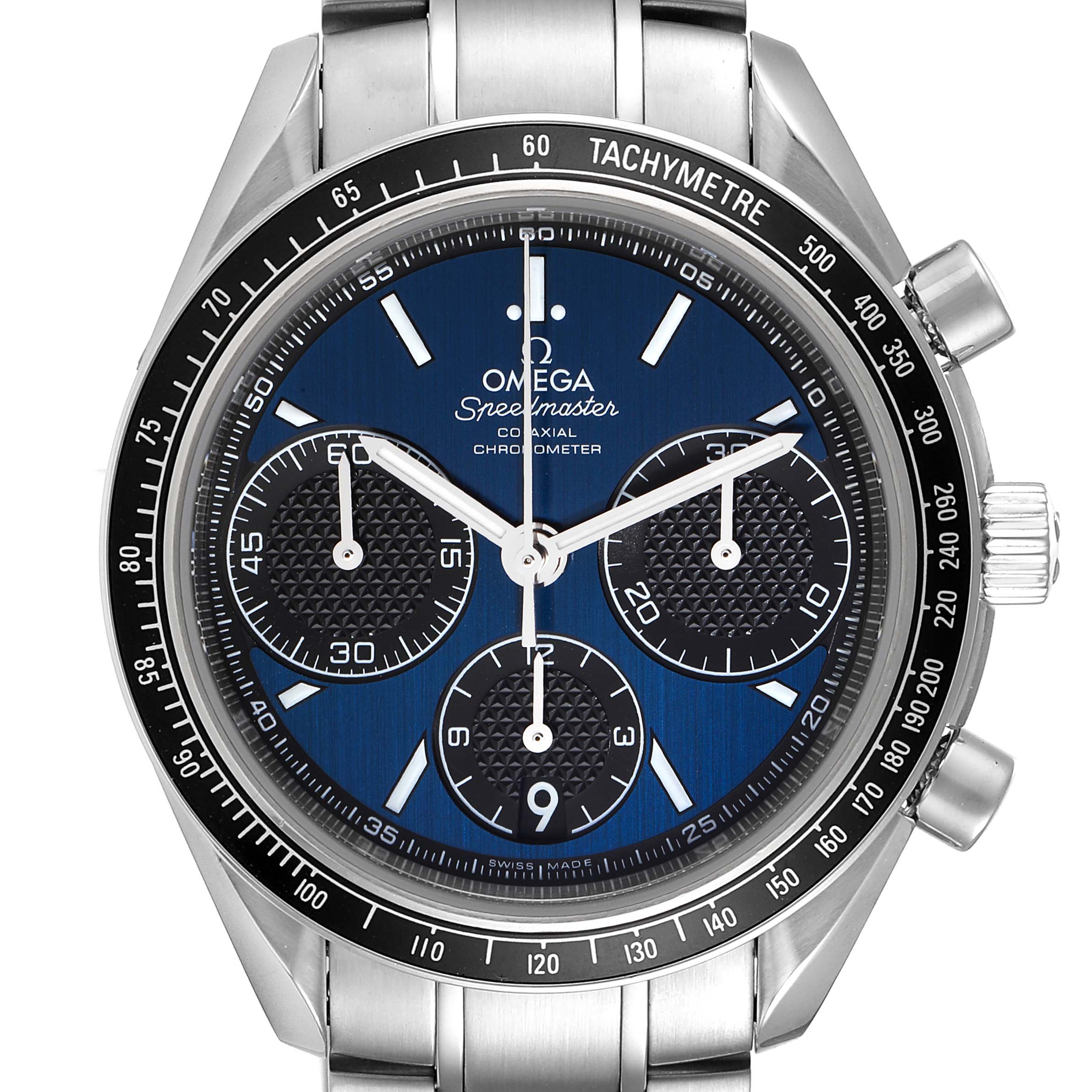 This image shows a frontal view of an Omega Speedmaster 326.30.40.50.03.001 Men
s Stainless Steel Blue Dial 326.30.40.50.03.001 Men
s Stainless Steel Blue Dial watch, showcasing its tachymeter bezel, crown, and chronograph dials.