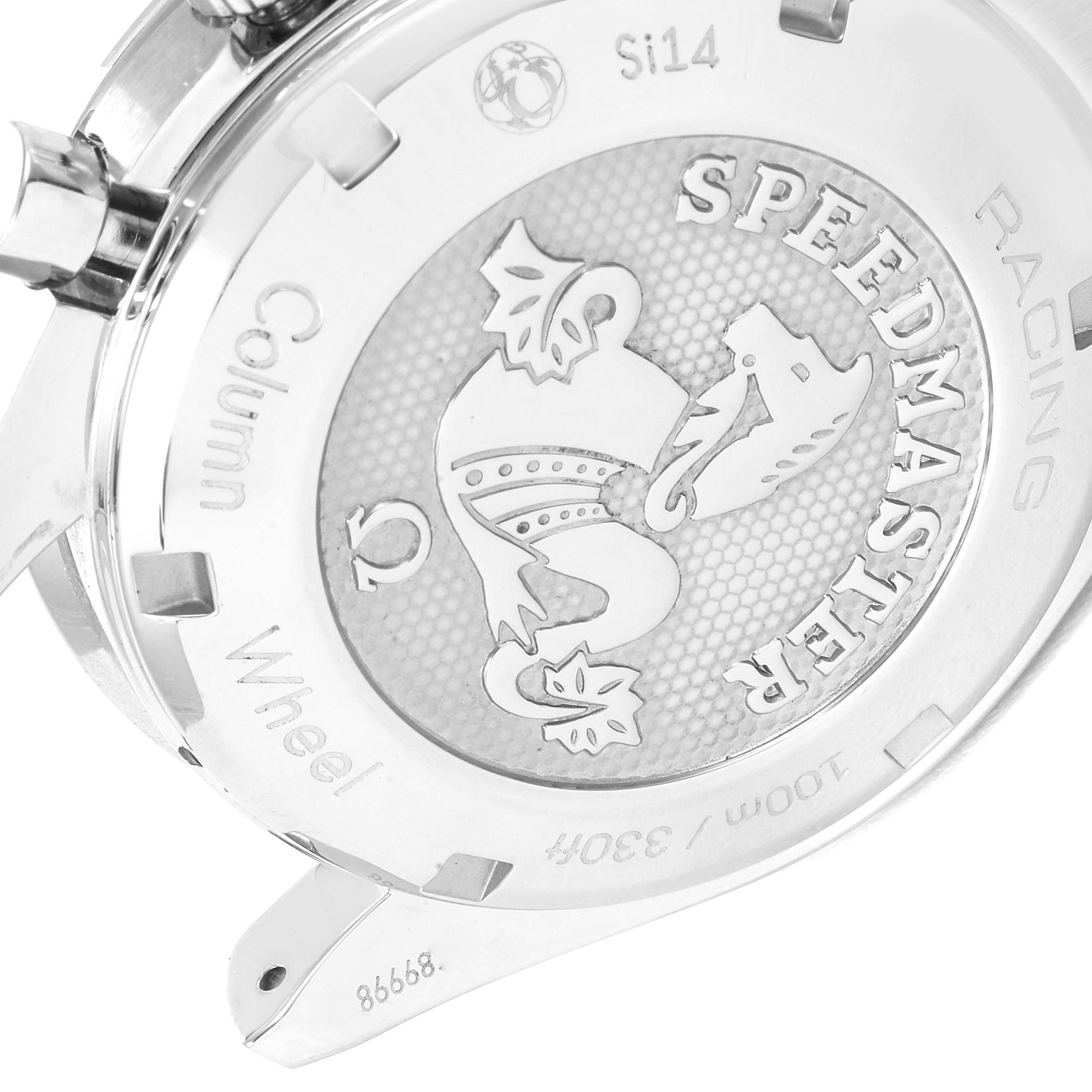 The image shows a close-up of the case back of an Omega Speedmaster 326.30.40.50.03.001 Men
s Stainless Steel Blue Dial 326.30.40.50.03.001 Men
s Stainless Steel Blue Dial Racing watch.