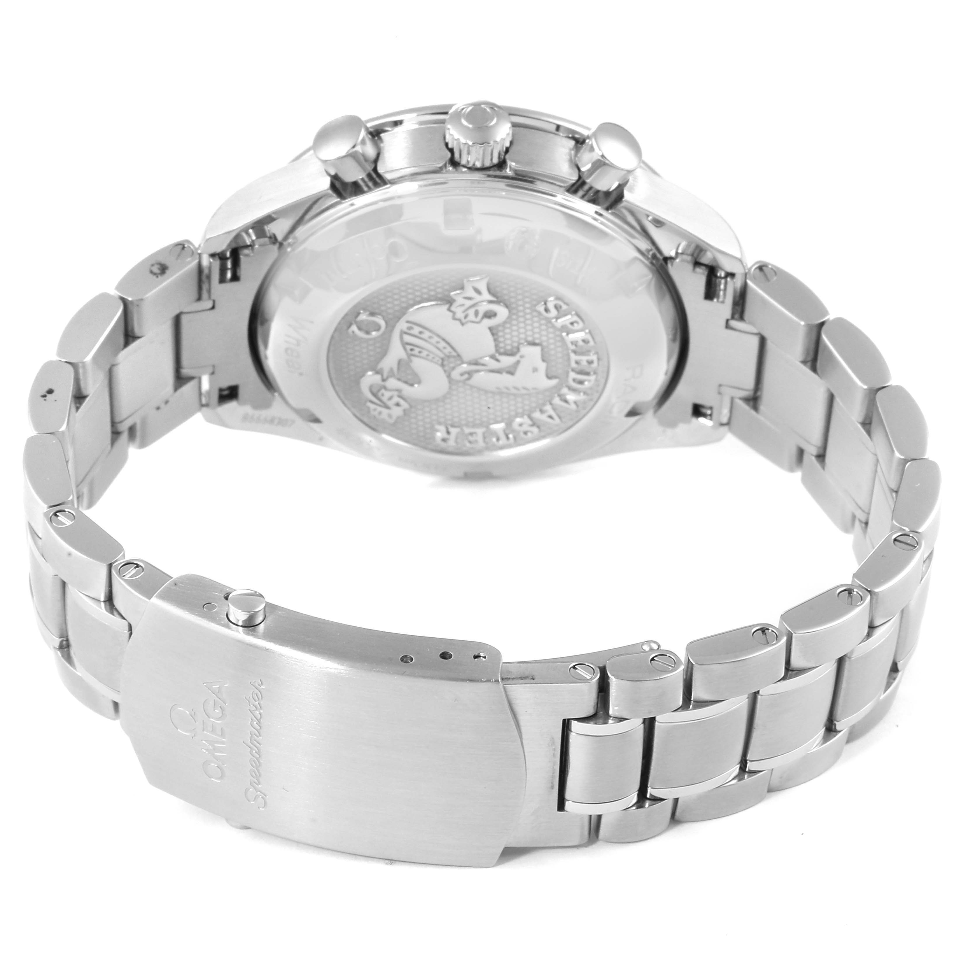 This image shows the back and clasp of an Omega Speedmaster 326.30.40.50.03.001 Men
s Stainless Steel Blue Dial 326.30.40.50.03.001 Men
s Stainless Steel Blue Dial watch from a slightly overhead angle.