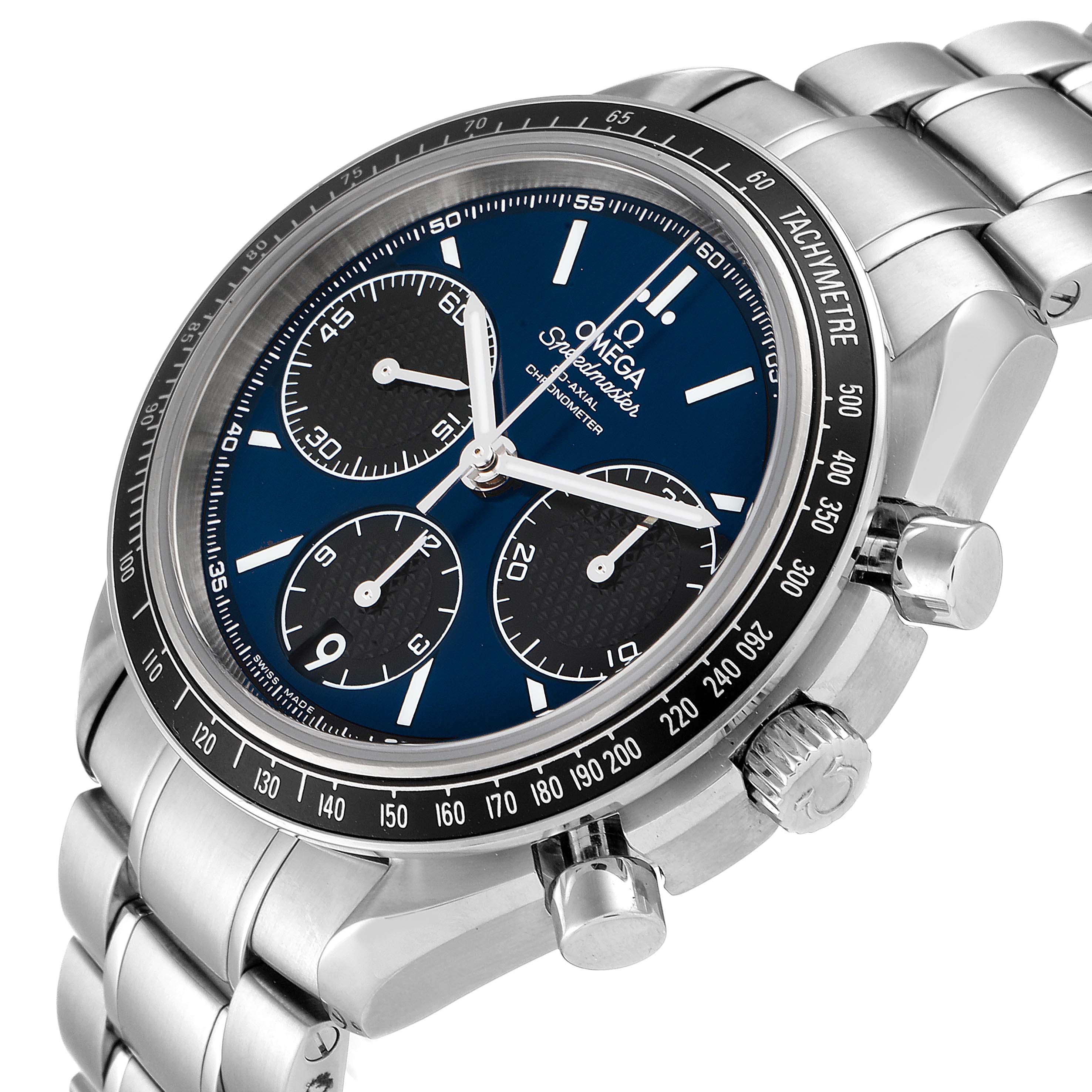 The image shows the Omega Speedmaster 326.30.40.50.03.001 Men
s Stainless Steel Blue Dial 326.30.40.50.03.001 Men
s Stainless Steel Blue Dial watch in a close-up angled view, highlighting the dial, chronograph sub-dials, bezel, and metal bracelet.