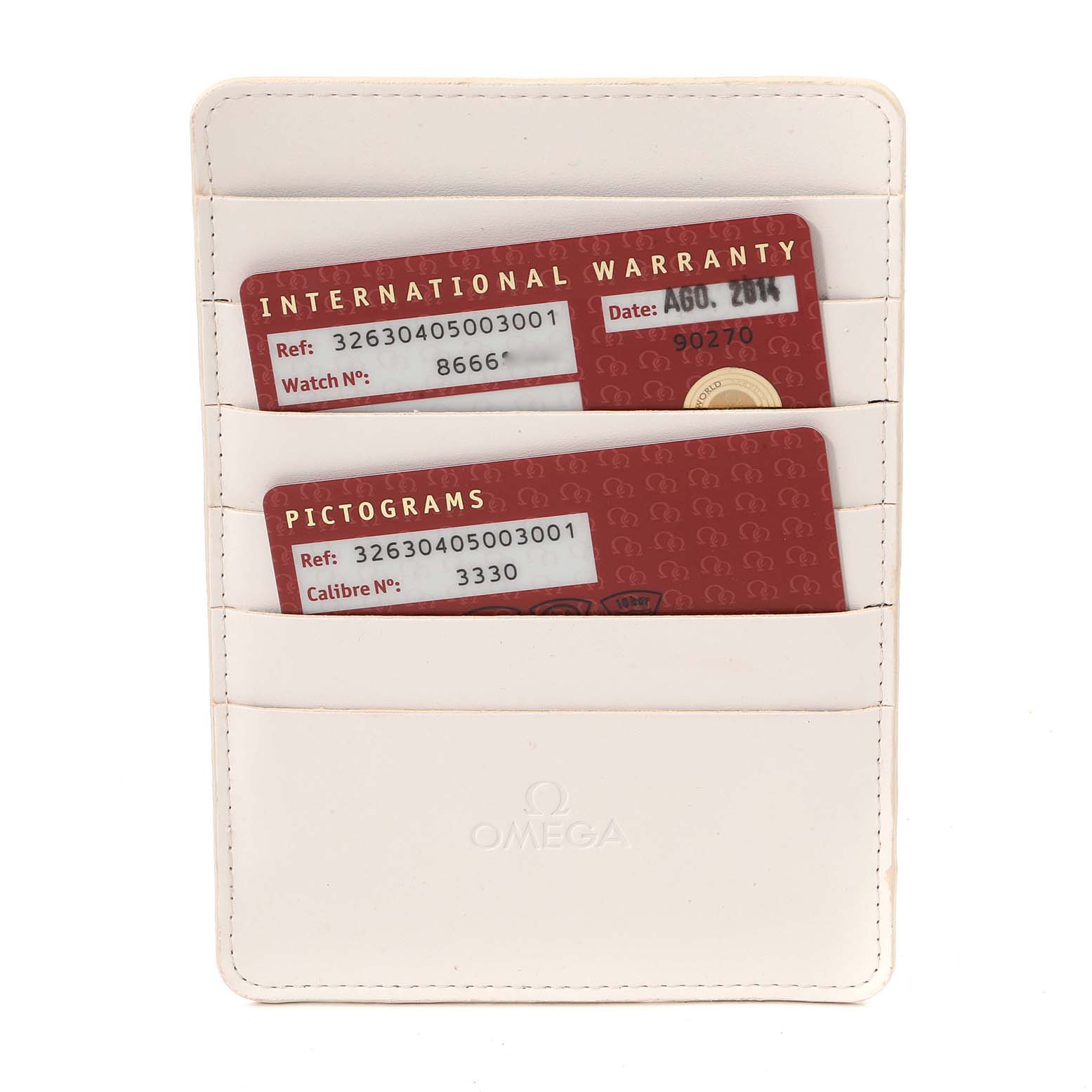 This image shows Omega Speedmaster 326.30.40.50.03.001 Men
s Stainless Steel Blue Dial 326.30.40.50.03.001 Men
s Stainless Steel Blue Dial
s international warranty and pictogram cards in a branded cardholder, viewed from the front.