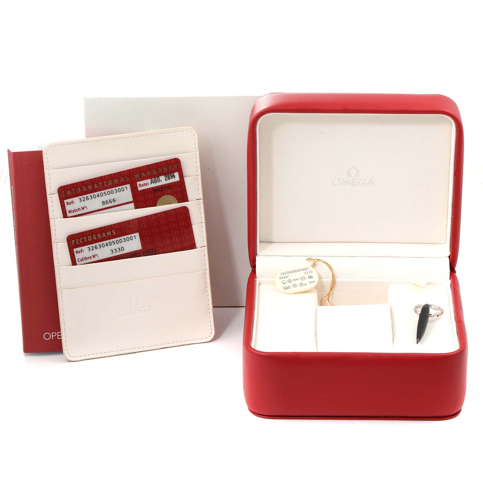 The image shows an Omega Speedmaster 326.30.40.50.03.001 Men
s Stainless Steel Blue Dial 326.30.40.50.03.001 Men
s Stainless Steel Blue Dial watch box, warranty cards, and a booklet.