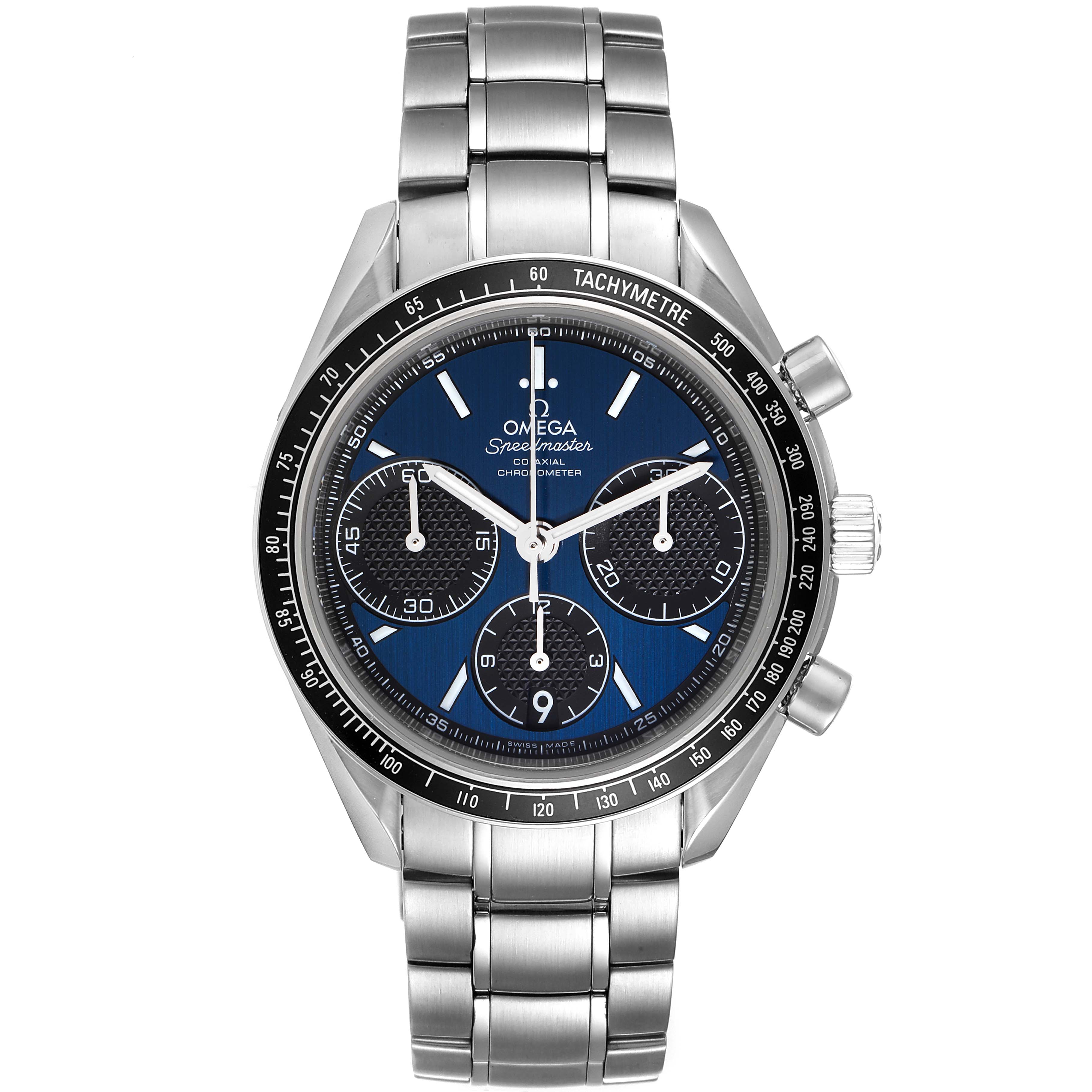 The image shows a front view of an Omega Speedmaster 326.30.40.50.03.001 Men
s Stainless Steel Blue Dial 326.30.40.50.03.001 Men
s Stainless Steel Blue Dial watch, featuring its dial, bezel, case, and bracelet.
