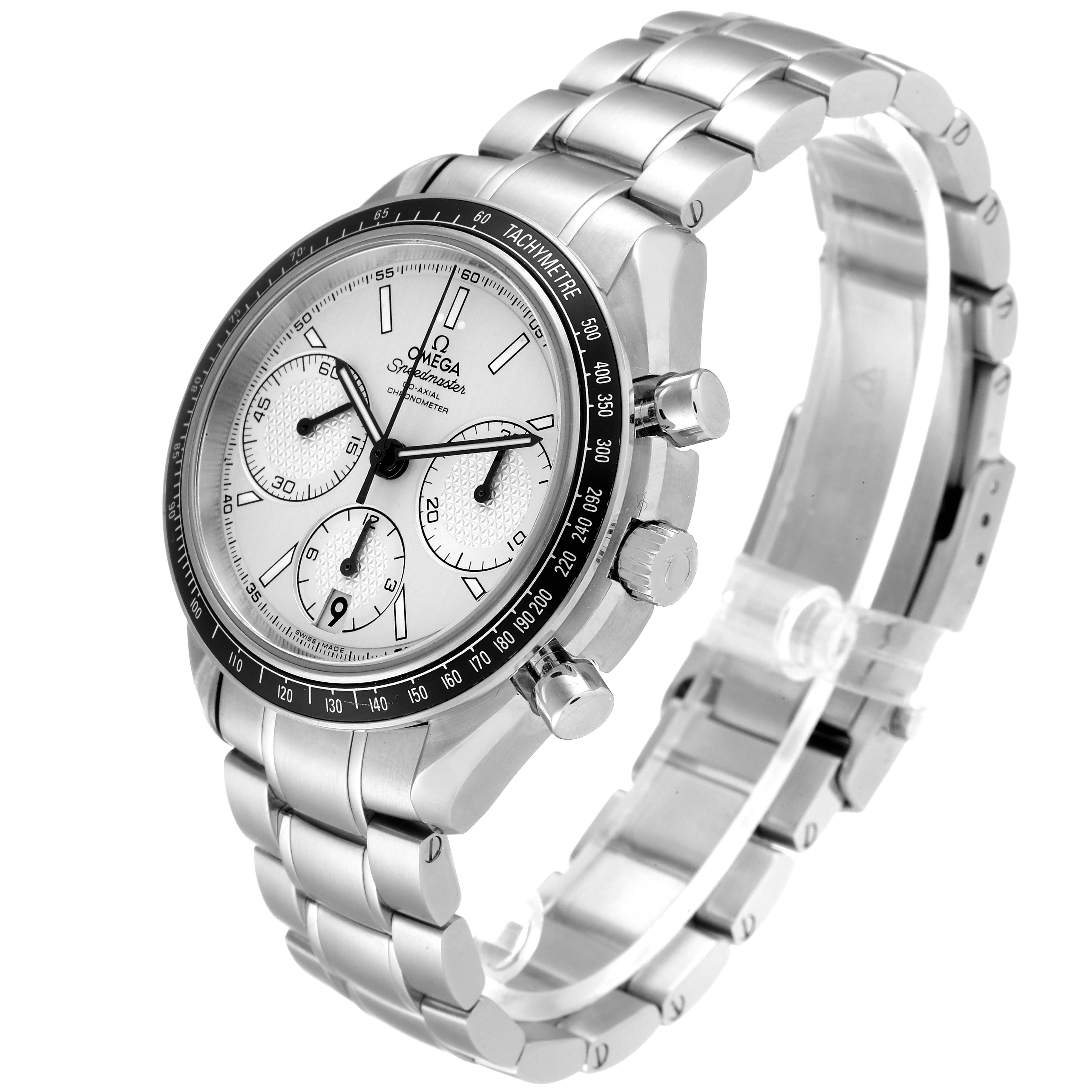 This image shows an Omega Speedmaster 326.30.40.50.02.001 Men's Stainless Steel Silver Dial 326.30.40.50.02.001 Men's Stainless Steel Silver Dial watch at a tilted front angle, highlighting the face, tachymetre bezel, and stainless steel bracelet.