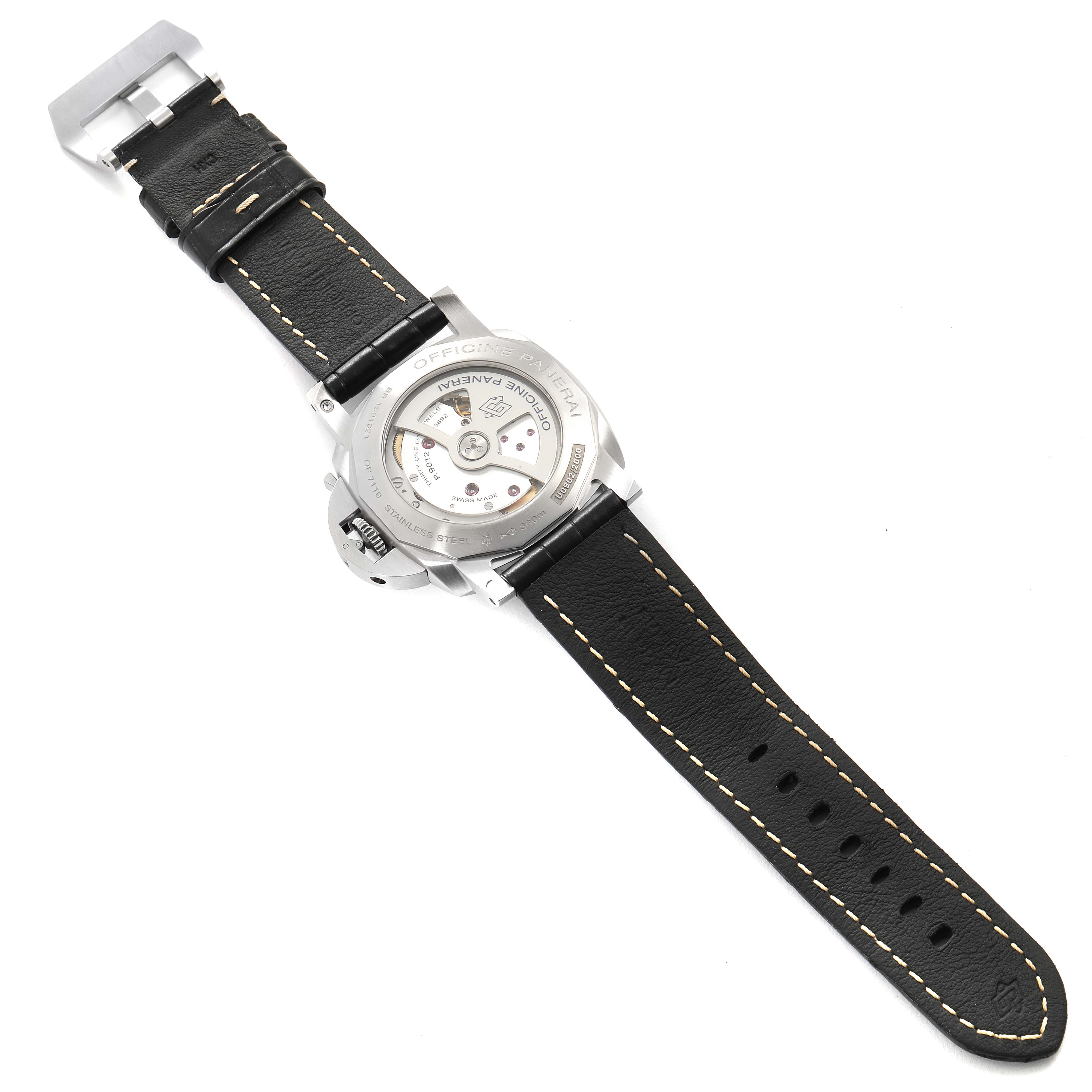 The image shows the back view of a Panerai Luminor PAM01321 Men
s Stainless Steel Black Dial PAM01321 Men
s Stainless Steel Black Dial watch, highlighting the movement and black leather strap.