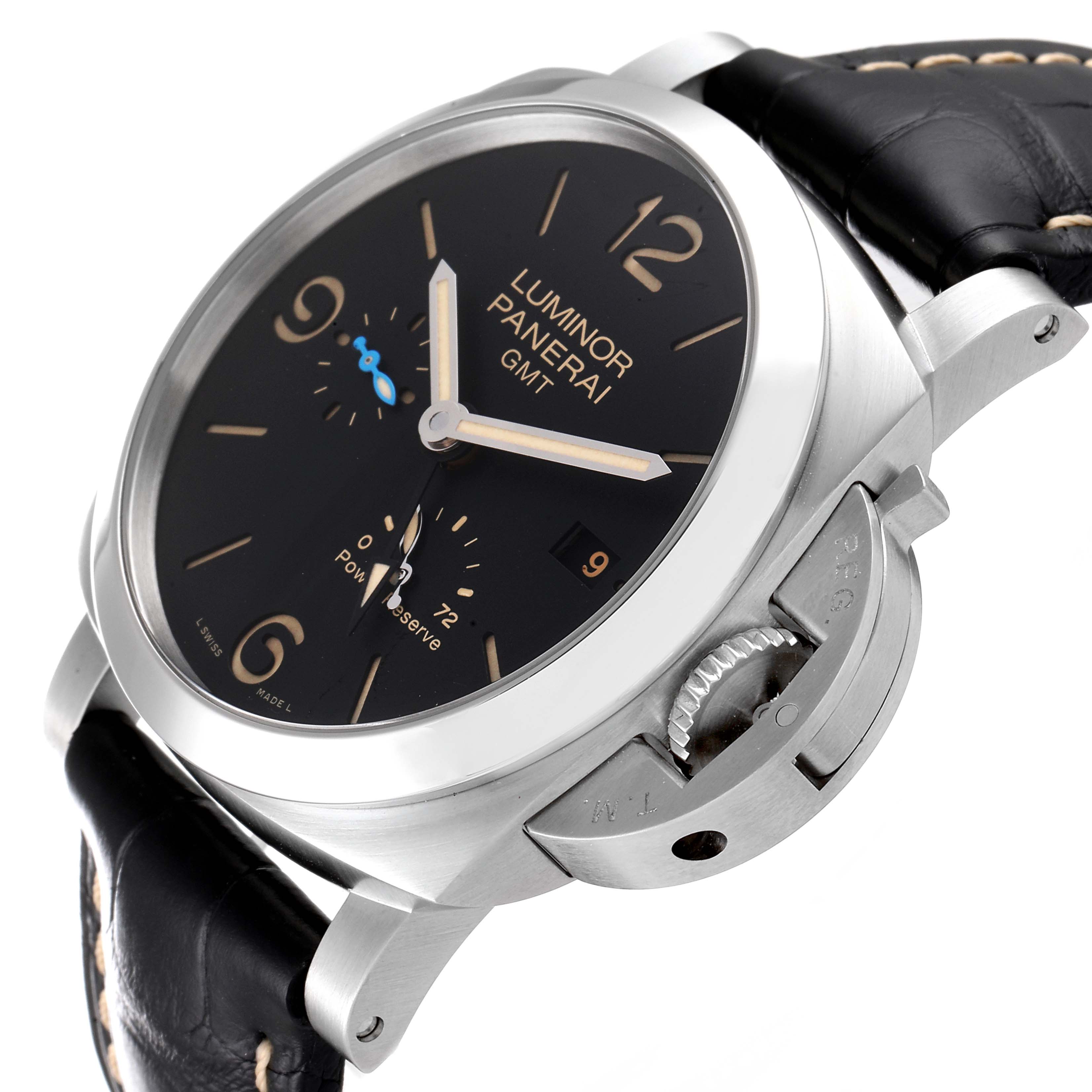 The image shows an angled side view of the Panerai Luminor PAM01321 Men
s Stainless Steel Black Dial PAM01321 Men
s Stainless Steel Black Dial watch, highlighting the dial, crown guard, and strap.