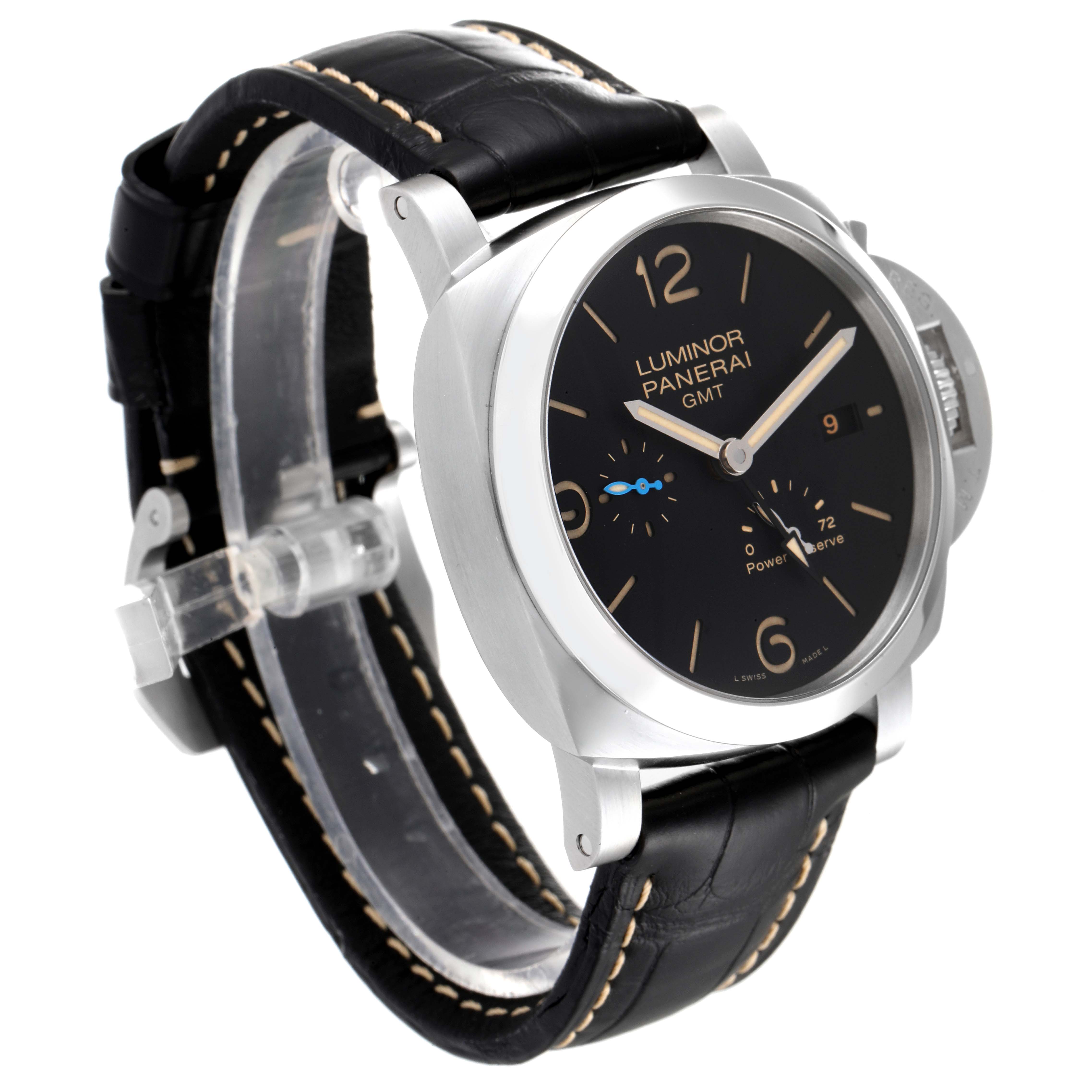 The image shows a Panerai Luminor PAM01321 Men
s Stainless Steel Black Dial PAM01321 Men
s Stainless Steel Black Dial GMT watch from an angled side view, highlighting its dial, case, and leather strap.