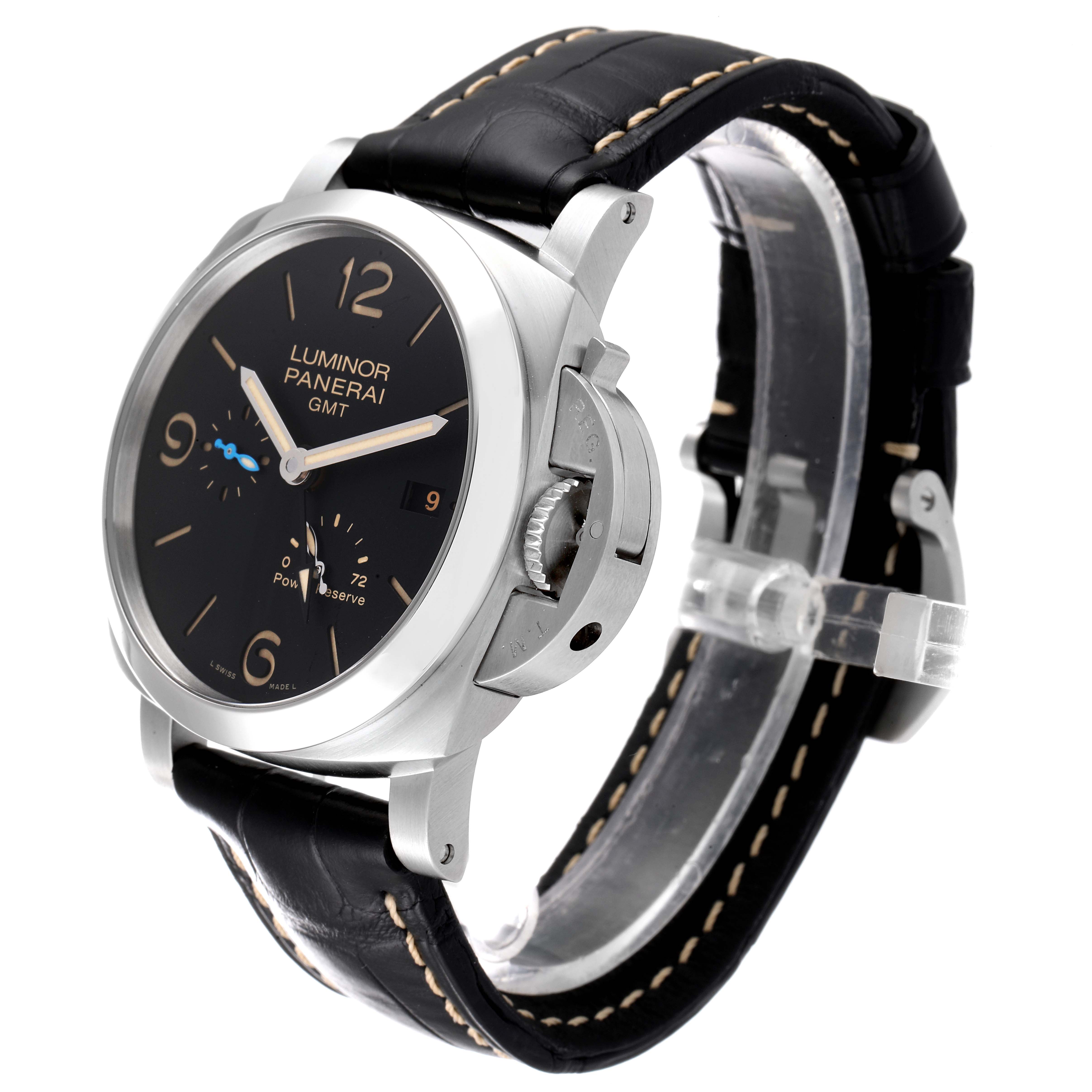 This image shows a Panerai Luminor PAM01321 Men
s Stainless Steel Black Dial PAM01321 Men
s Stainless Steel Black Dial watch at a three-quarter angle, highlighting its face, crown guard, and black leather strap.