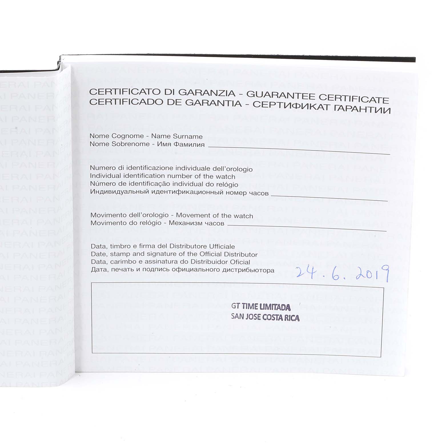 The image shows a guarantee certificate booklet for the Panerai Luminor PAM01321 Men
s Stainless Steel Black Dial PAM01321 Men
s Stainless Steel Black Dial watch model.