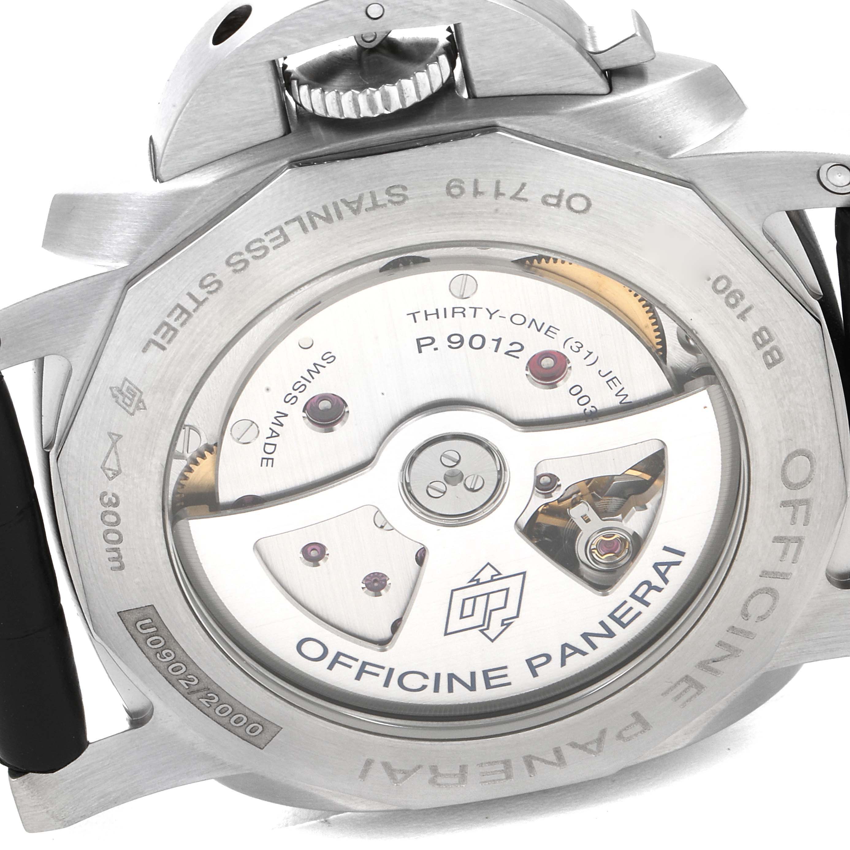 The image shows the back view of a Panerai Luminor PAM01321 Men
s Stainless Steel Black Dial PAM01321 Men
s Stainless Steel Black Dial watch, highlighting the movement and inner mechanisms.