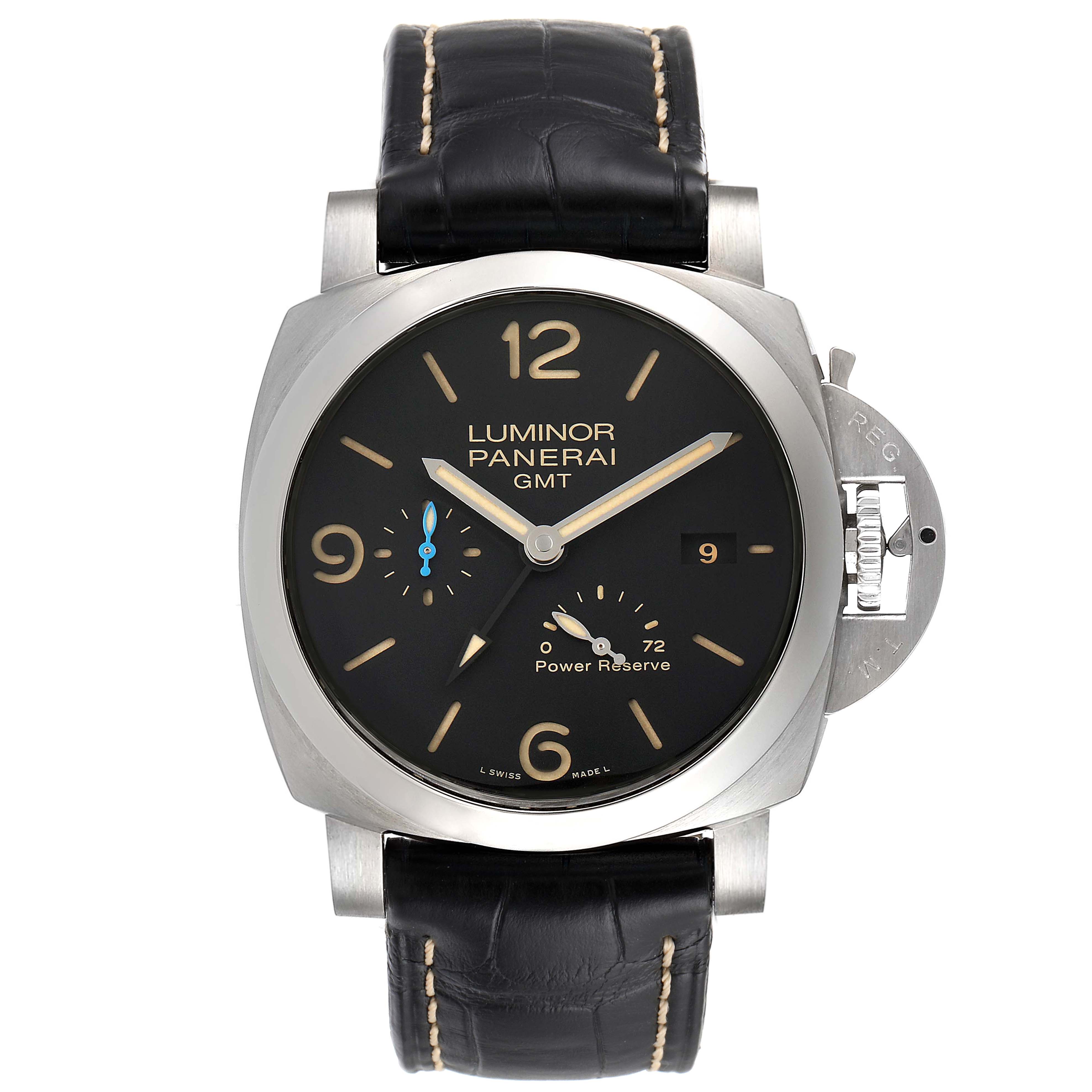 The image shows a front view of a Panerai Luminor PAM01321 Men
s Stainless Steel Black Dial PAM01321 Men
s Stainless Steel Black Dial GMT watch, featuring the dial, crown guard, and leather strap.