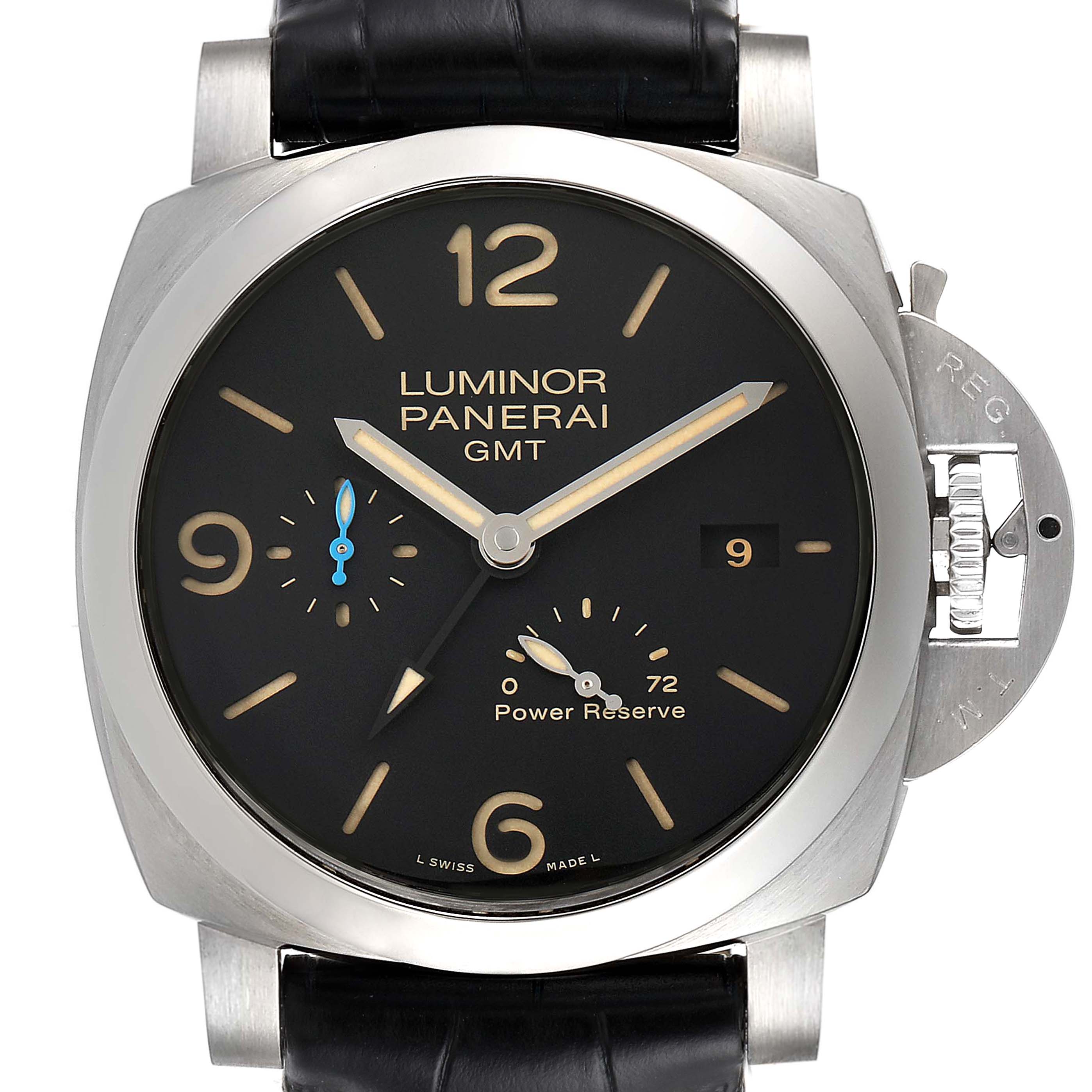 This image shows a front view of the Panerai Luminor PAM01321 Men
s Stainless Steel Black Dial PAM01321 Men
s Stainless Steel Black Dial GMT watch, displaying its face, strap, and crown guard.