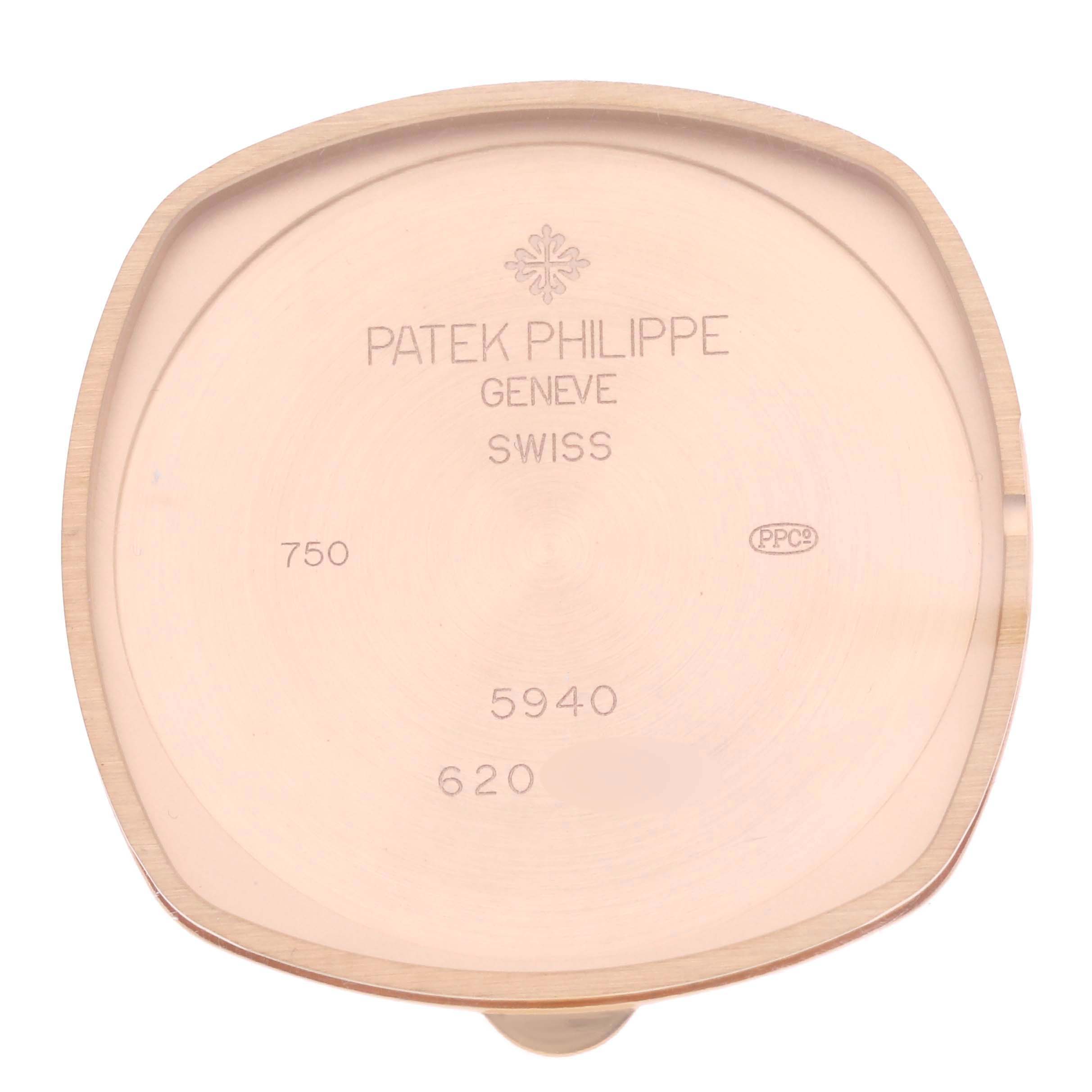 The image shows the inner back cover of a Patek Philippe Complications 5940R - 001 Men's Rose Gold Silver Dial 5940R - 001 Men's Rose Gold Silver Dial model, displaying its engraved details.