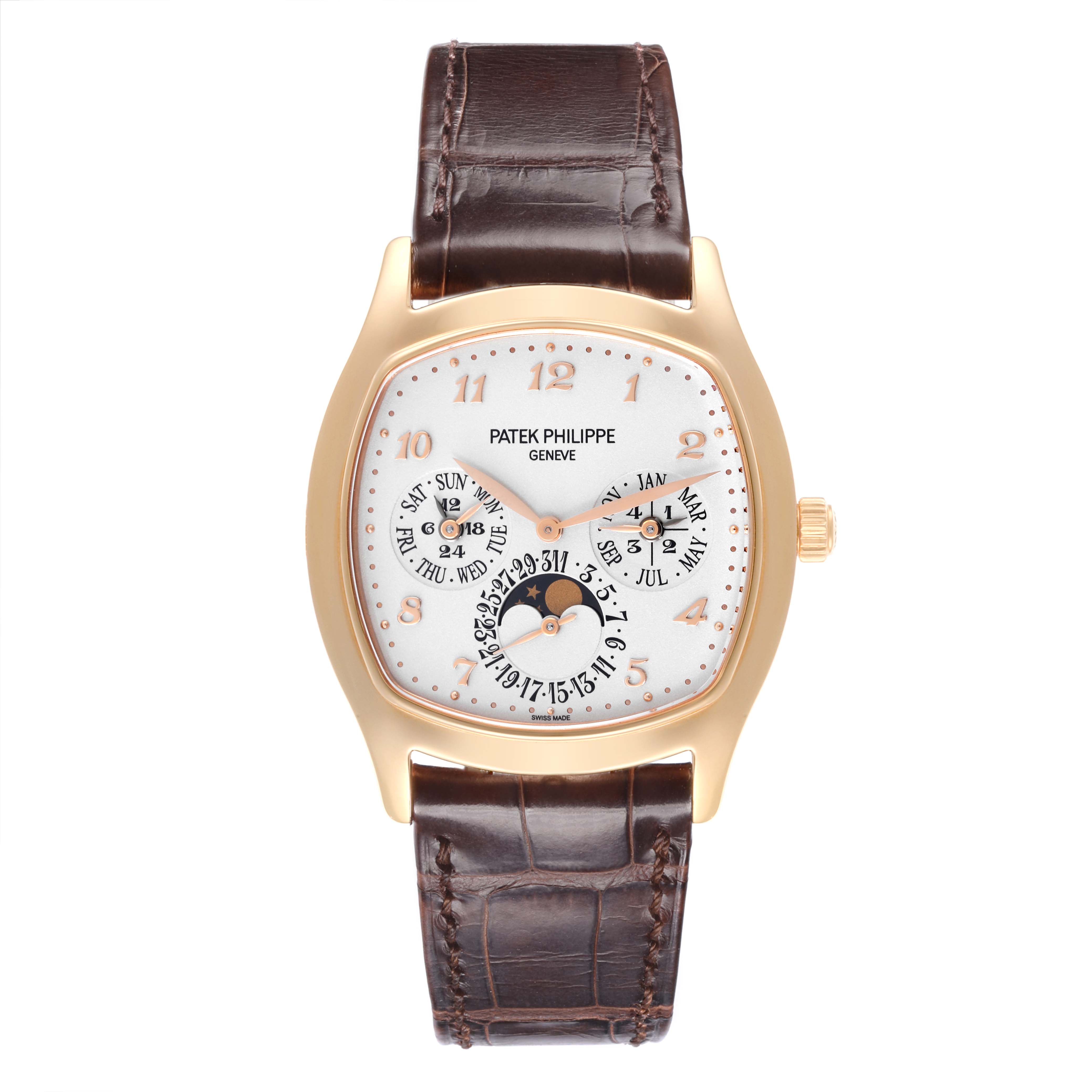 The Patek Philippe Complications 5940R - 001 Men's Rose Gold Silver Dial 5940R - 001 Men's Rose Gold Silver Dial watch is shown from the front, displaying the dial, case, crown, and leather strap.
