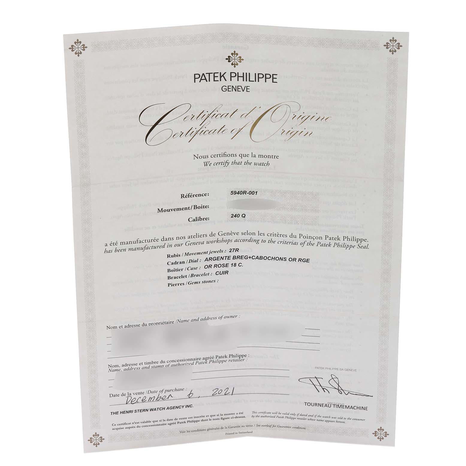 The image shows the Certificate of Origin for the Patek Philippe Complications 5940R - 001 Men's Rose Gold Silver Dial 5940R - 001 Men's Rose Gold Silver Dial model.