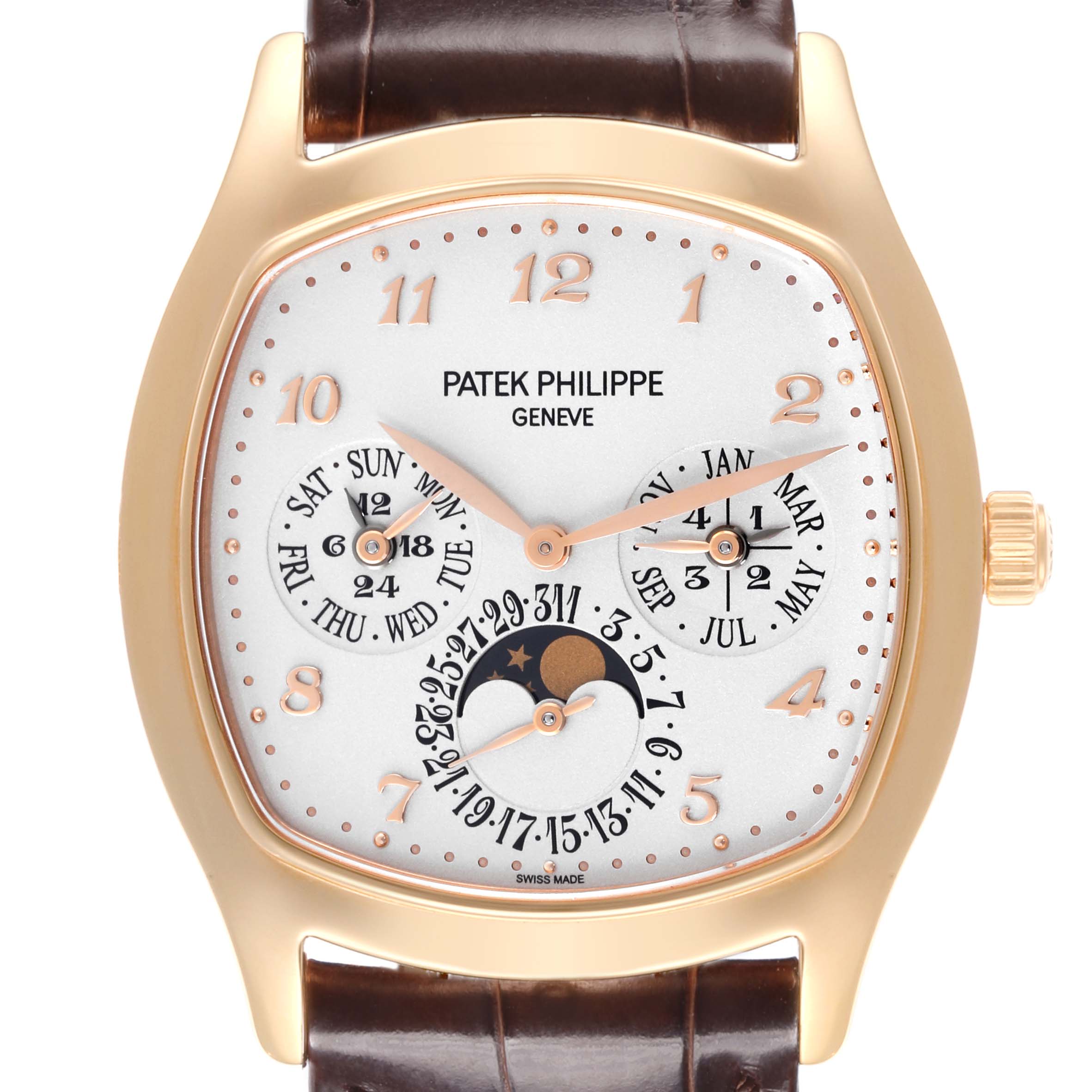 The Patek Philippe Complications 5940R - 001 Men's Rose Gold Silver Dial 5940R - 001 Men's Rose Gold Silver Dial watch is shown front-facing, displaying the dial with calendar and moon phase features.