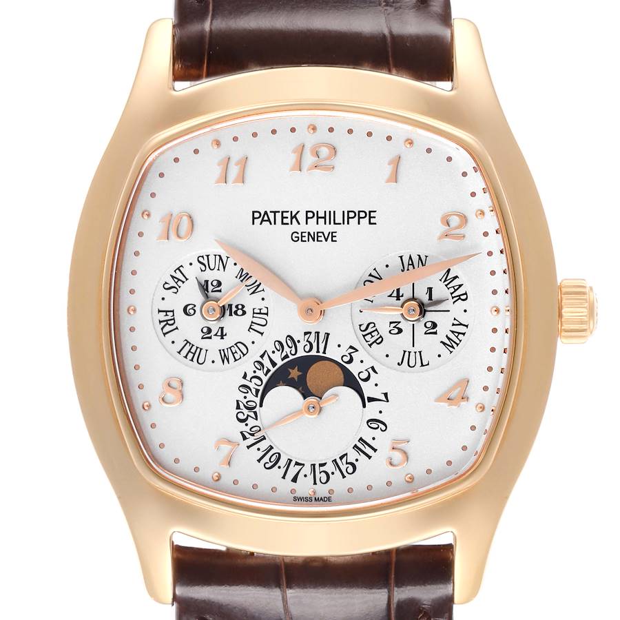 The Patek Philippe Complications watch is shown front-facing, displaying the dial with calendar and moon phase features.