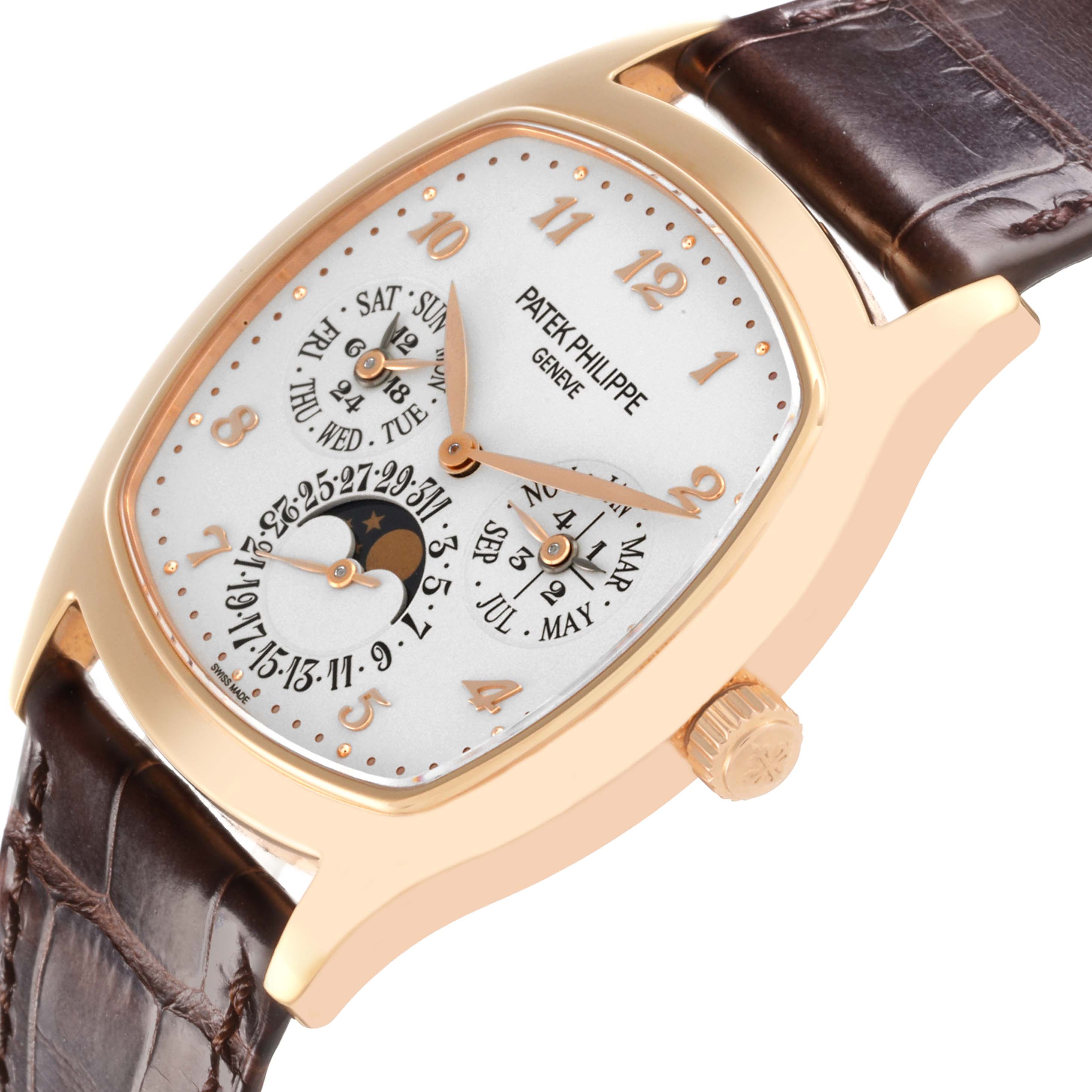 The Patek Philippe Complications 5940R - 001 Men's Rose Gold Silver Dial 5940R - 001 Men's Rose Gold Silver Dial watch is shown at a slight angle, highlighting the face, dial, case, and part of the strap.