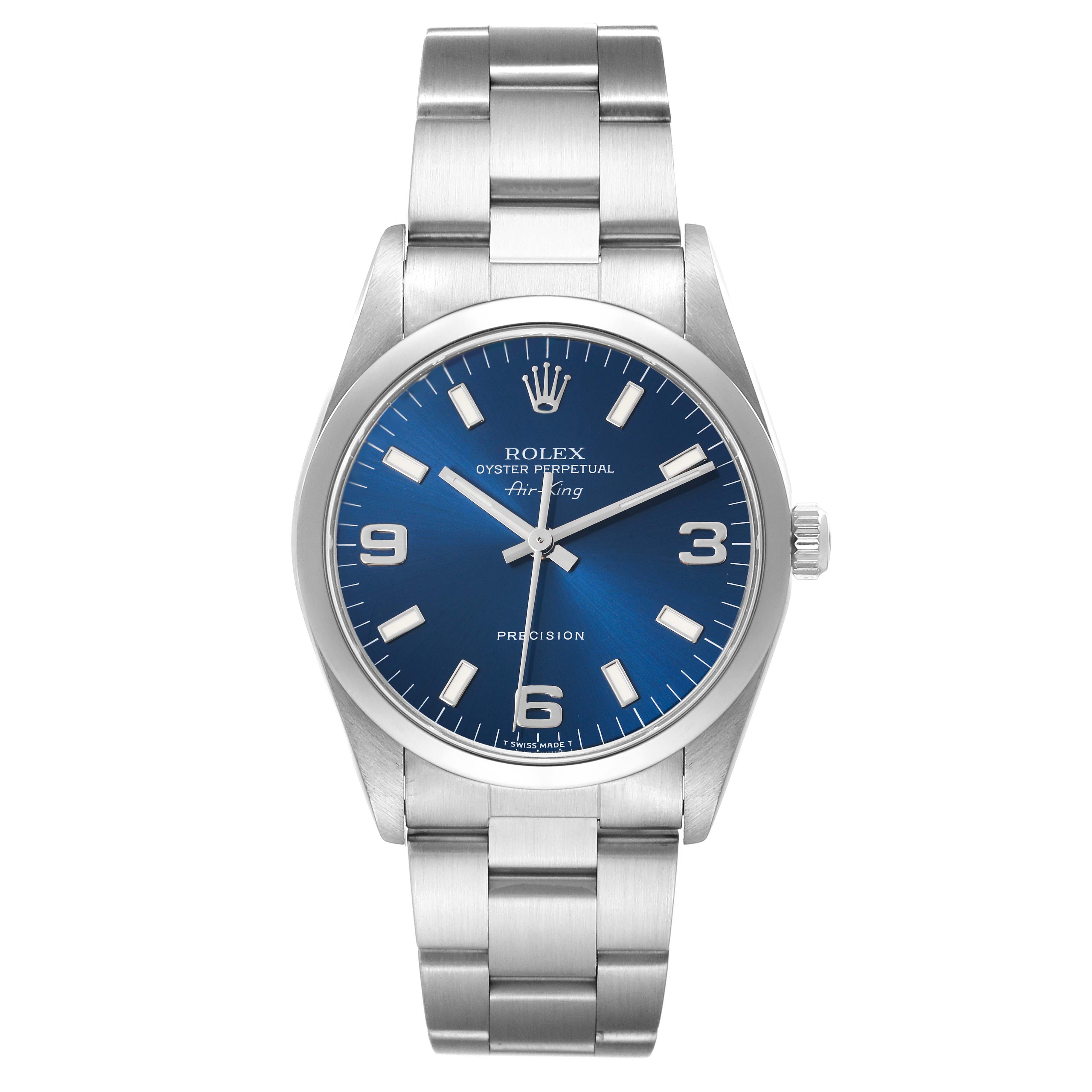 The Rolex Air-King 14000 Men's Stainless Steel Blue Dial 14000 Men's Stainless Steel Blue Dial watch is shown from a front angle, displaying its dial, bezel, and bracelet.