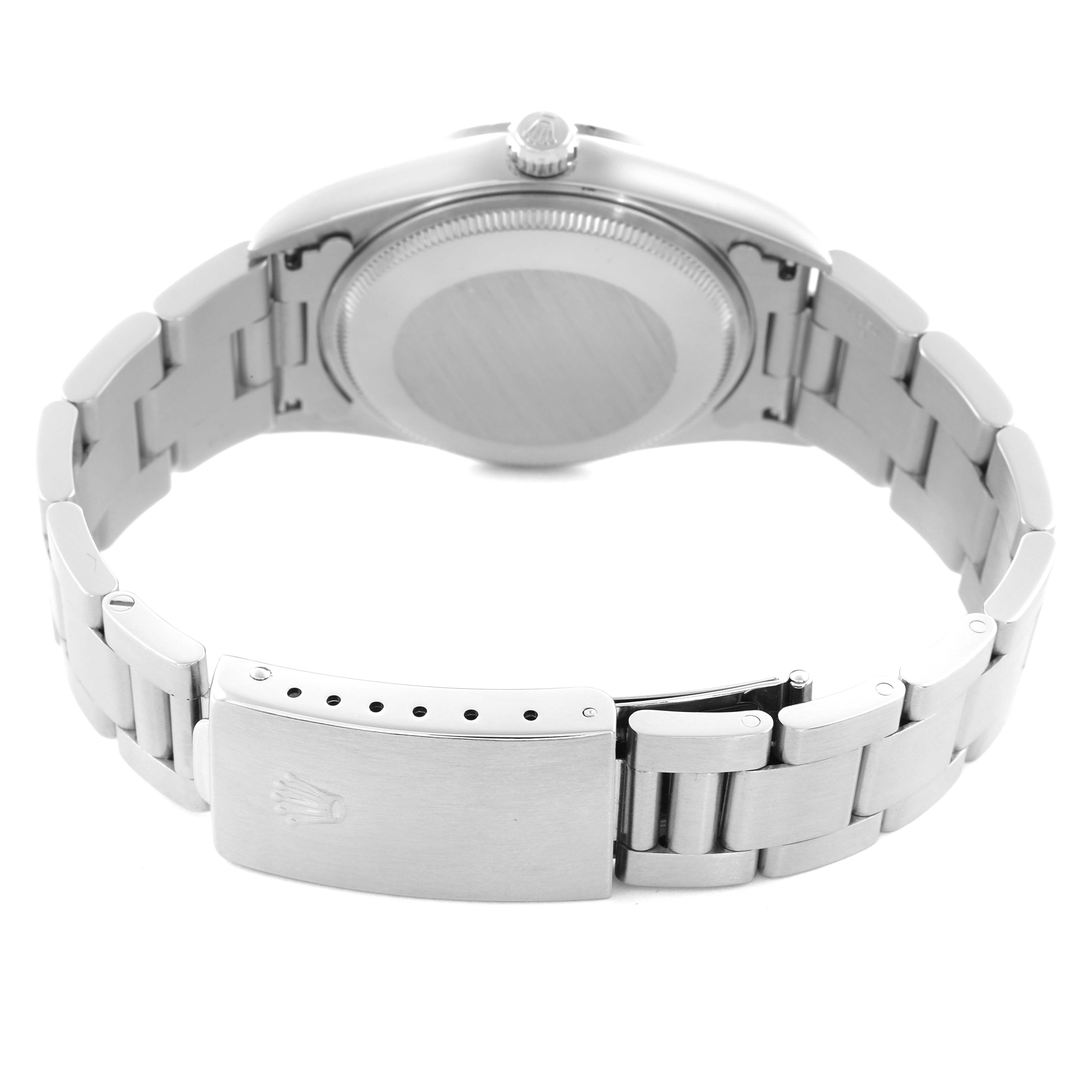 The Rolex Air-King 14000 Men's Stainless Steel Blue Dial 14000 Men's Stainless Steel Blue Dial watch is shown from the back, highlighting the clasp, bracelet, and case back.