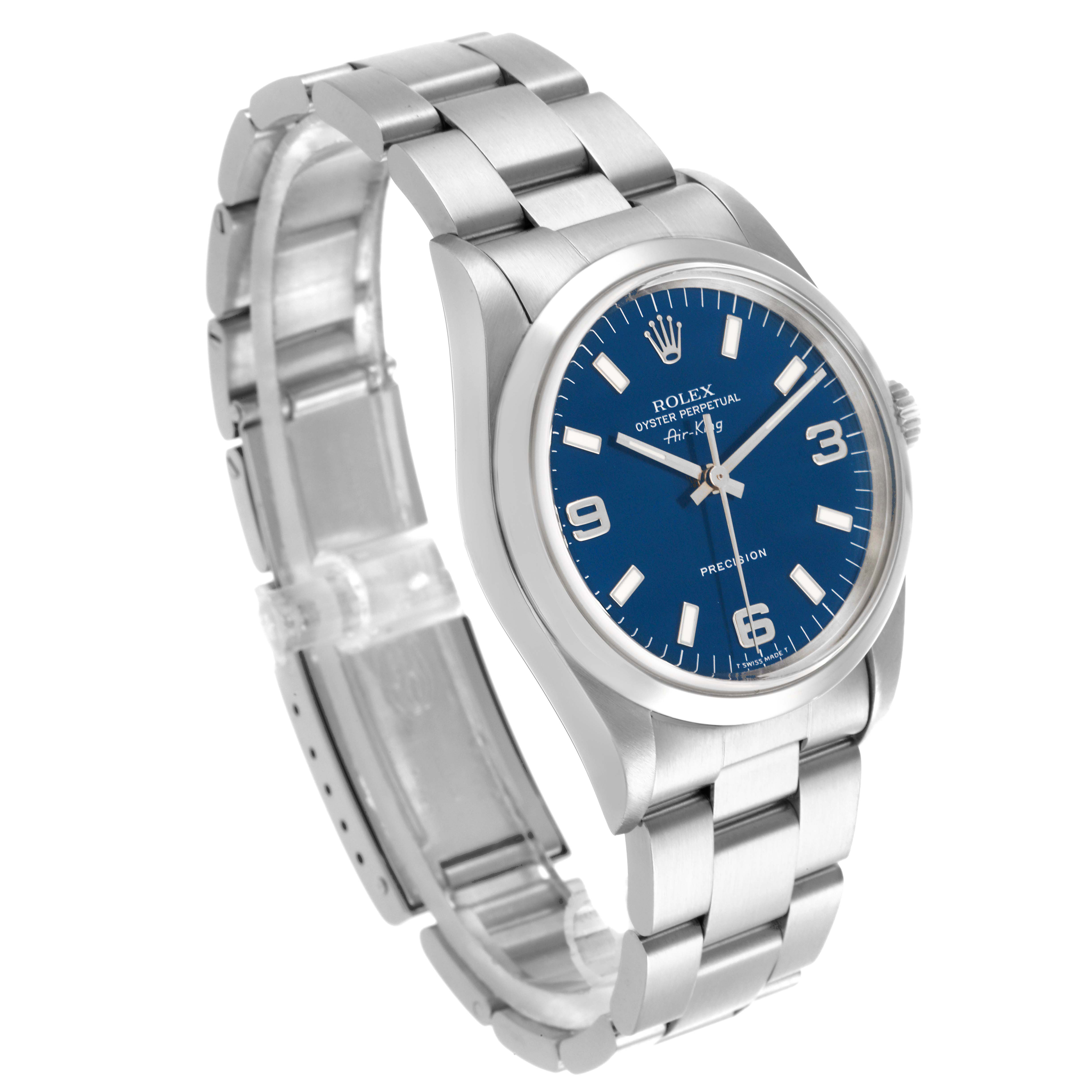 The Rolex Air-King 14000 Men's Stainless Steel Blue Dial 14000 Men's Stainless Steel Blue Dial watch is shown from an angled side view, displaying the dial, bezel, and bracelet.