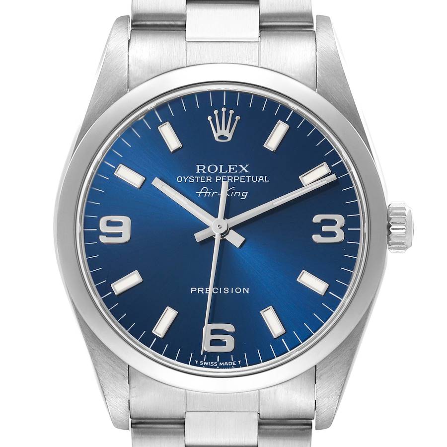 The Rolex Air-King watch is shown from a front angle, displaying its blue dial, crown, and part of the bracelet.