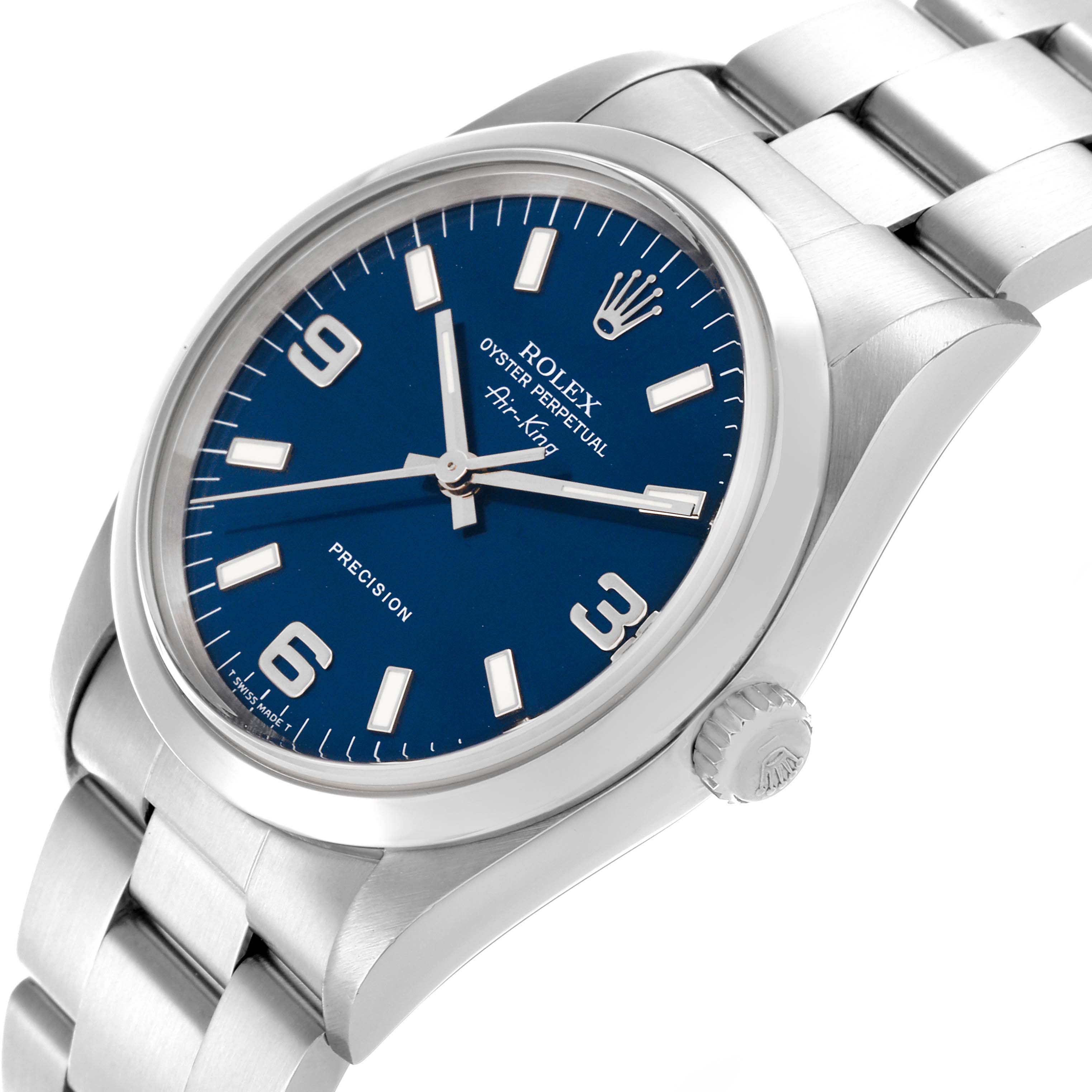 The Rolex Air-King 14000 Men's Stainless Steel Blue Dial 14000 Men's Stainless Steel Blue Dial watch is shown at a three-quarter angle, highlighting the dial, crown, and bracelet.